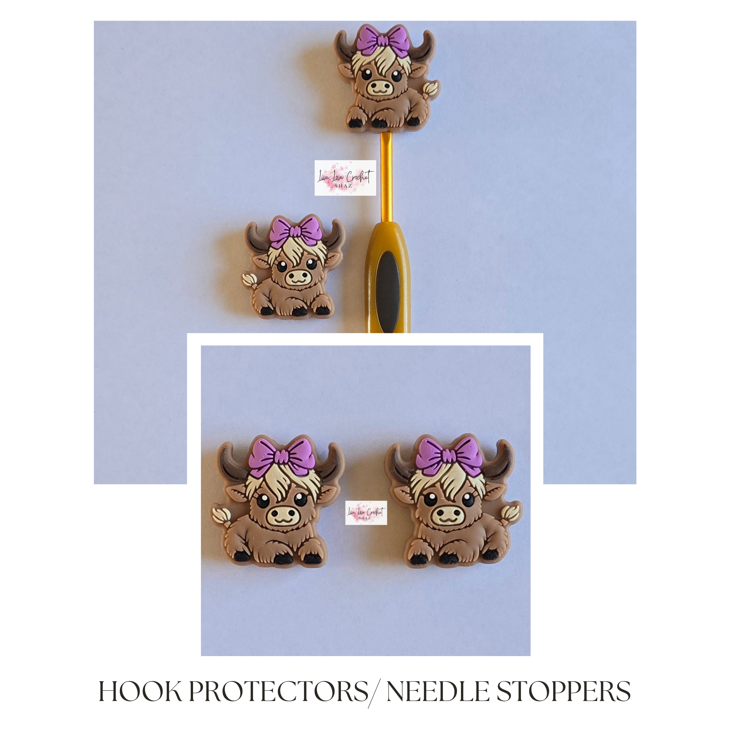 Four hook protectors or needle stoppers featuring cartoon cow characters with purple bows, arranged in a cross pattern on a white background, with a small logo in the center.