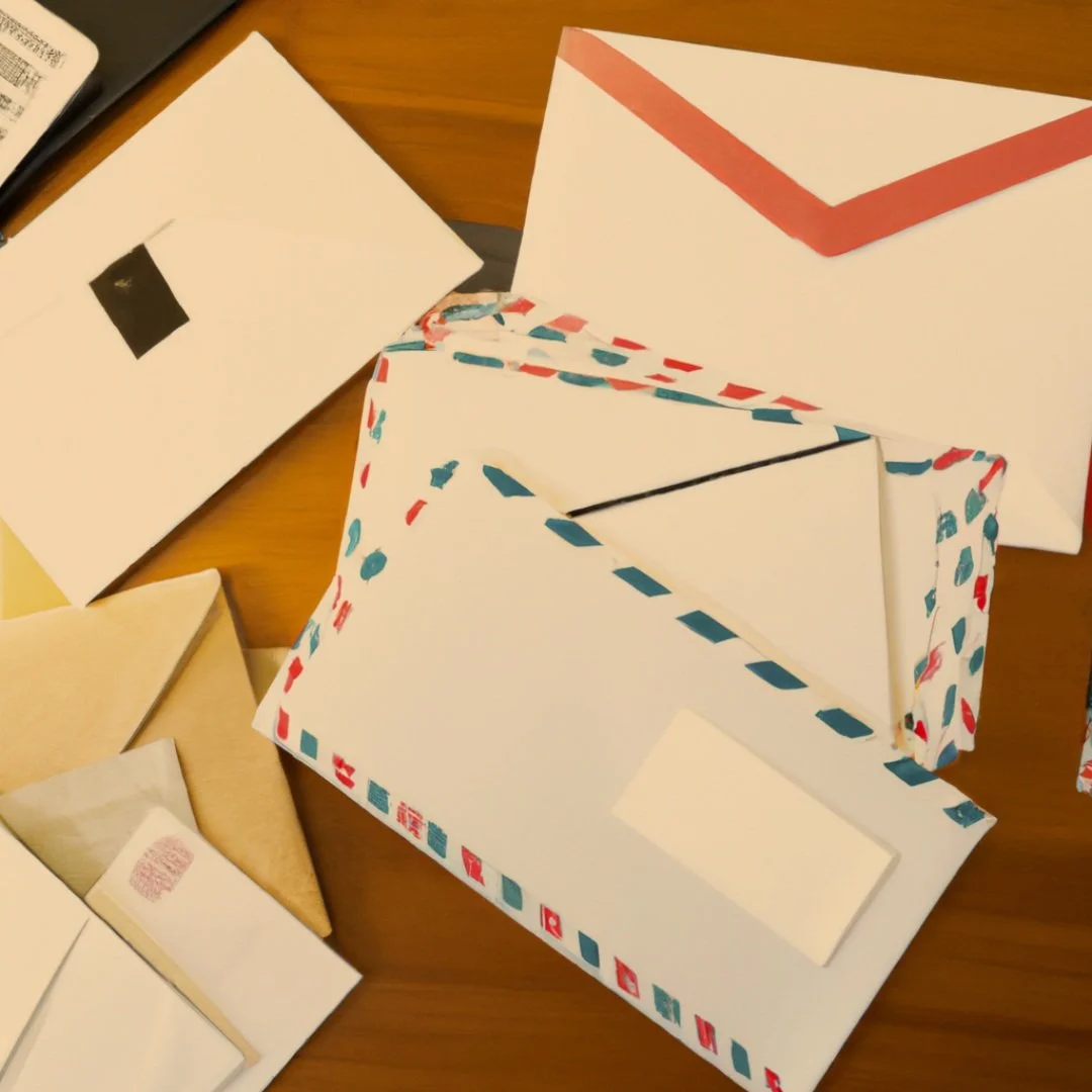 Various envelopes, including one decorative envelope with a blue, red, and white border, all placed on a wooden surface.