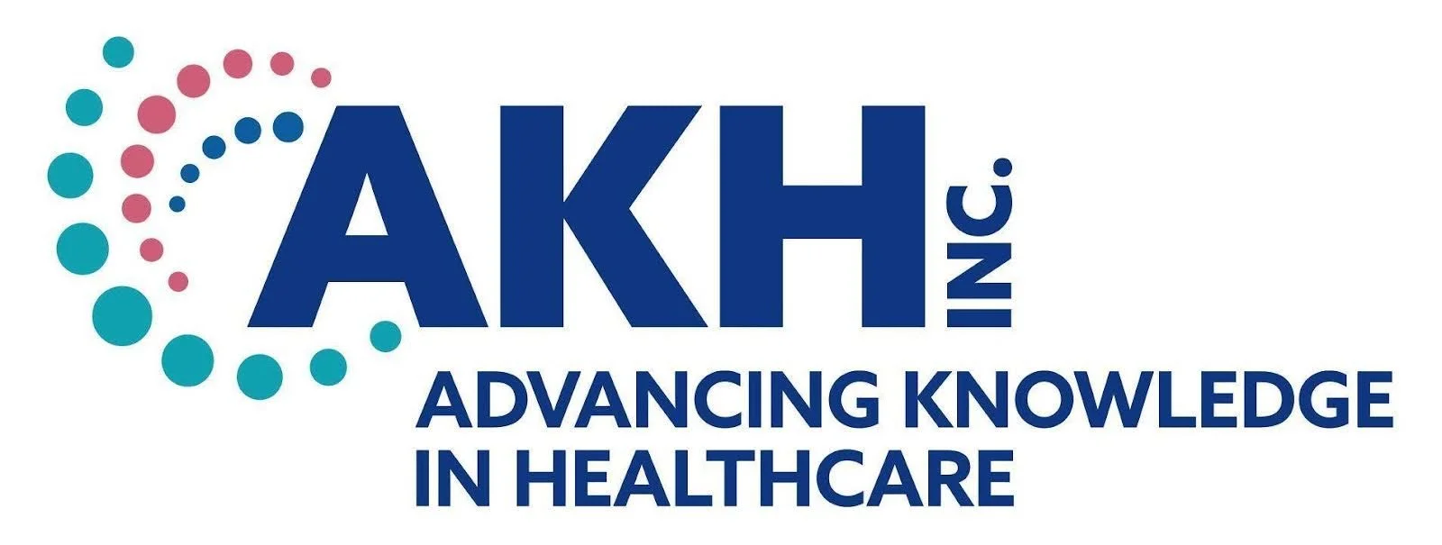 Logo for AKH Inc. with a circular pattern of teal and pink dots and the tagline 'Advancing Knowledge in Healthcare'.