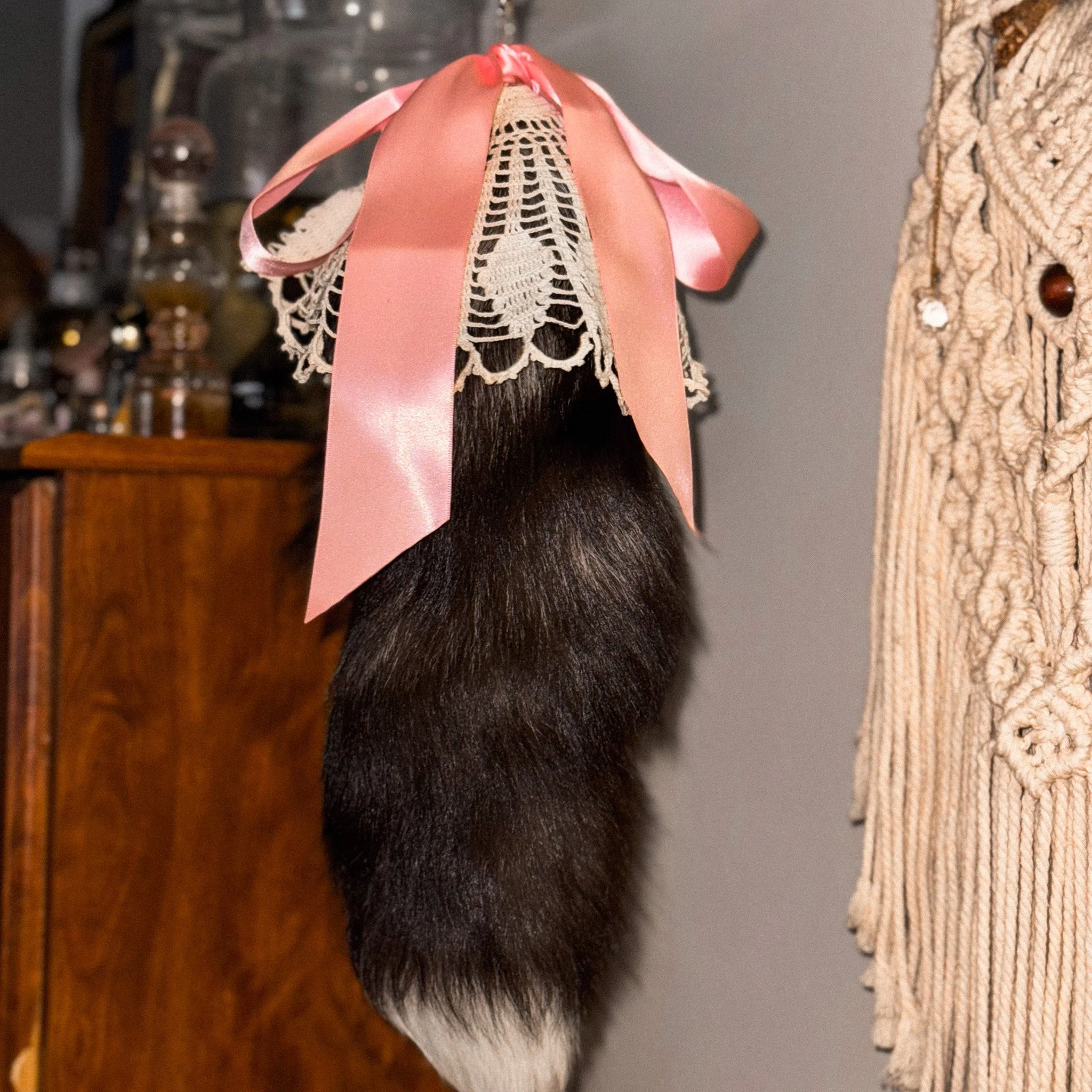 Black Pink Bow Fox Tail