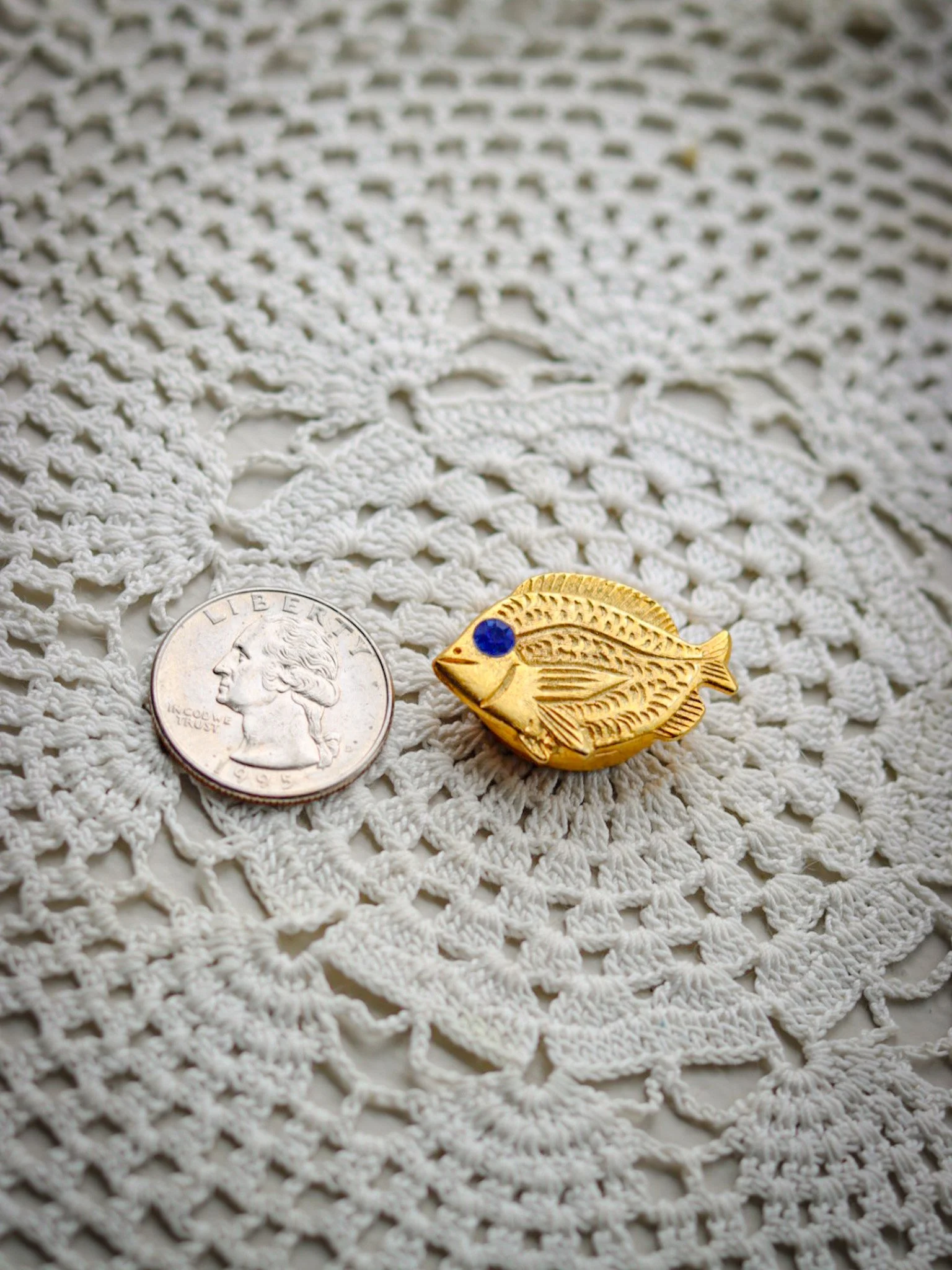 Vintage Blue Gem Eyed Gold Fish Button Cover