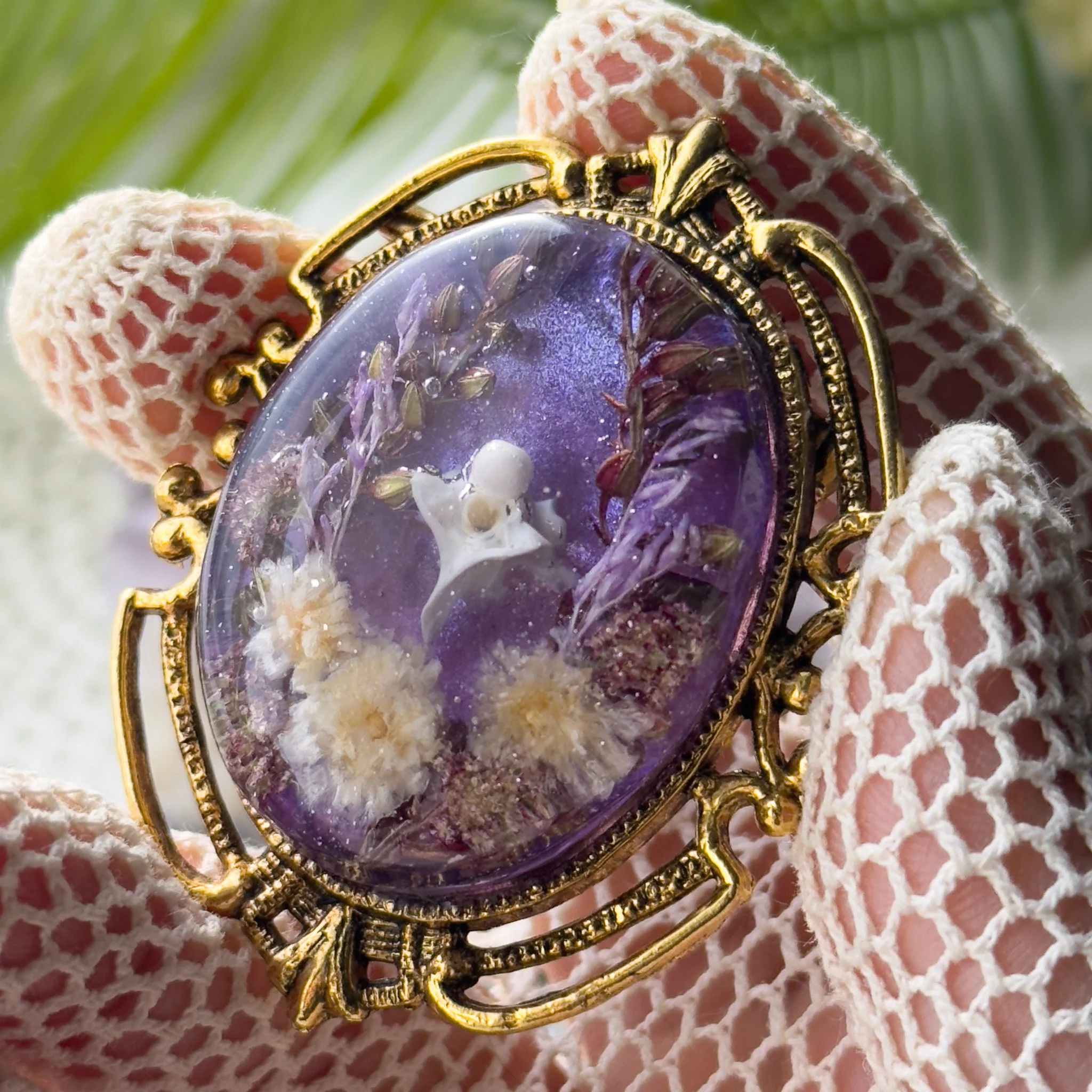 Purple Flower & Vertebrae Brooch