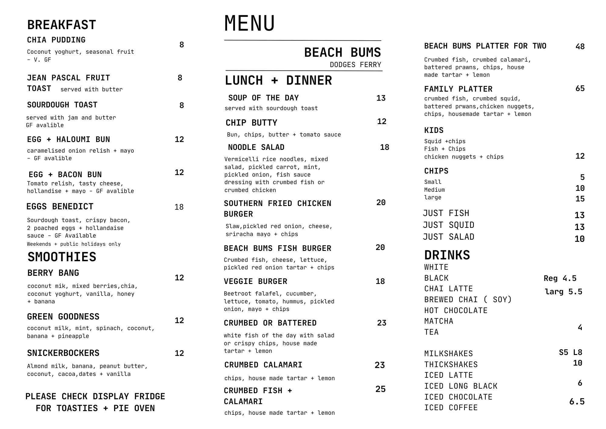 Menu — Beach Bums