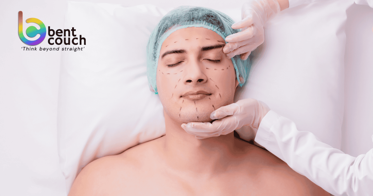 A man marked for cosmetic facial surgery lies with his eyes closed while a clinician examines his face, representing looksmaxxing, body image concerns, confidence, and self worth among gay men.