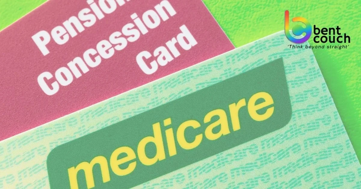 Medicare and Pensioner Concession cards, representing Medicare funded mental health support and free or low cost counselling options for gay and queer men in Australia.
