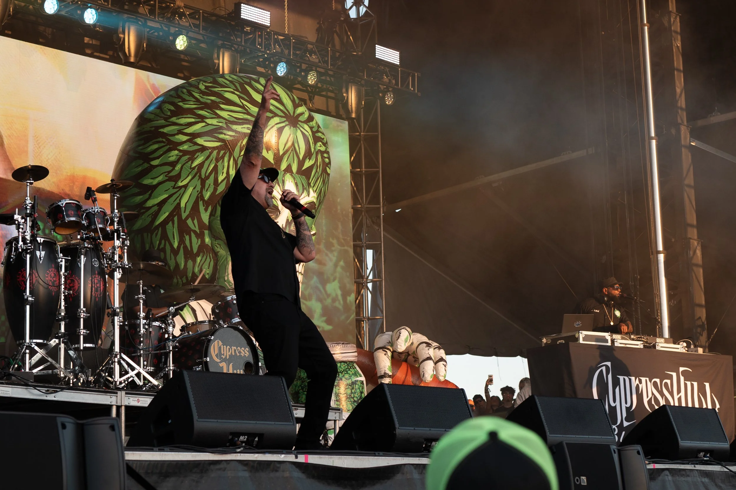 A singer on stage performing at a music festival with musical instruments and a DJ in the background, featuring a large green leafy backdrop.