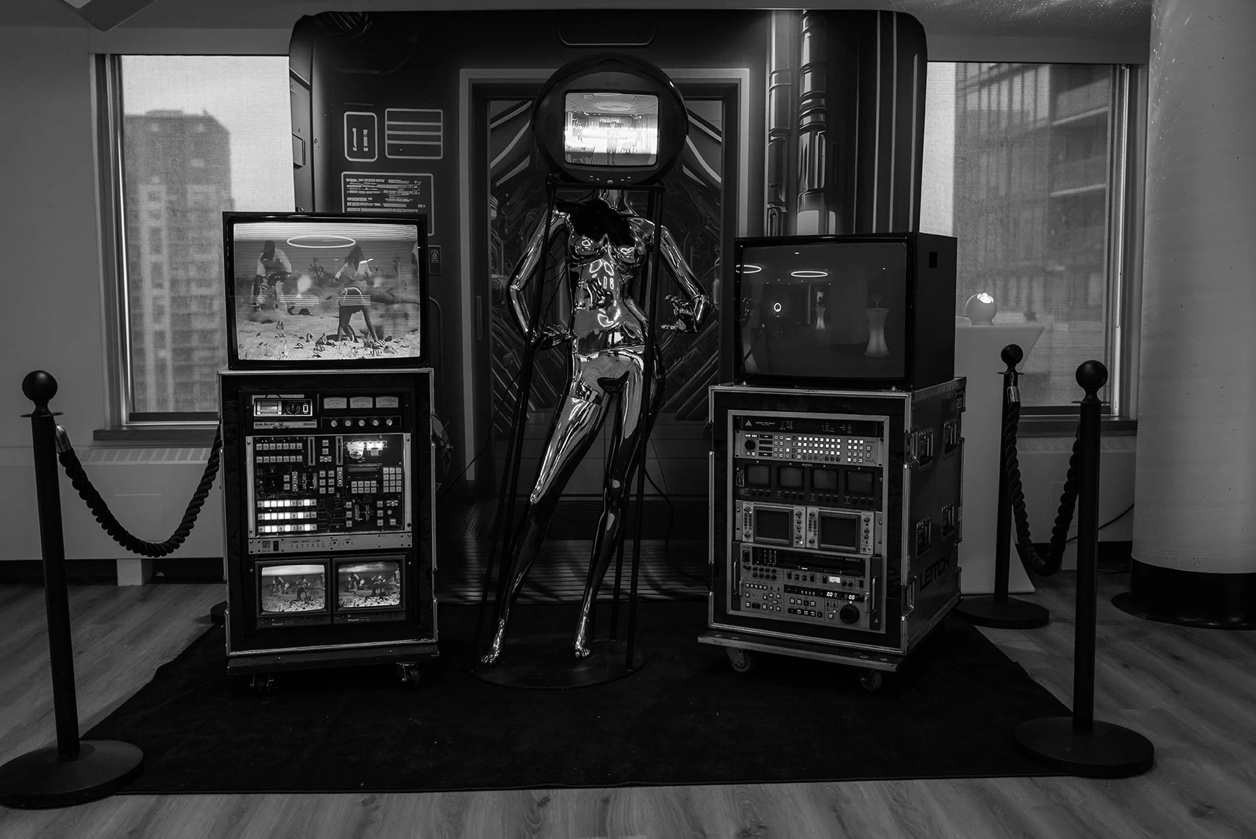 An art installation featuring a metallic humanoid figure with a screen for a head, surrounded by vintage television monitors, electronic equipment, and a small crowd of people on a beach scene on one of the TVs. The setup is roped off in a gallery sp