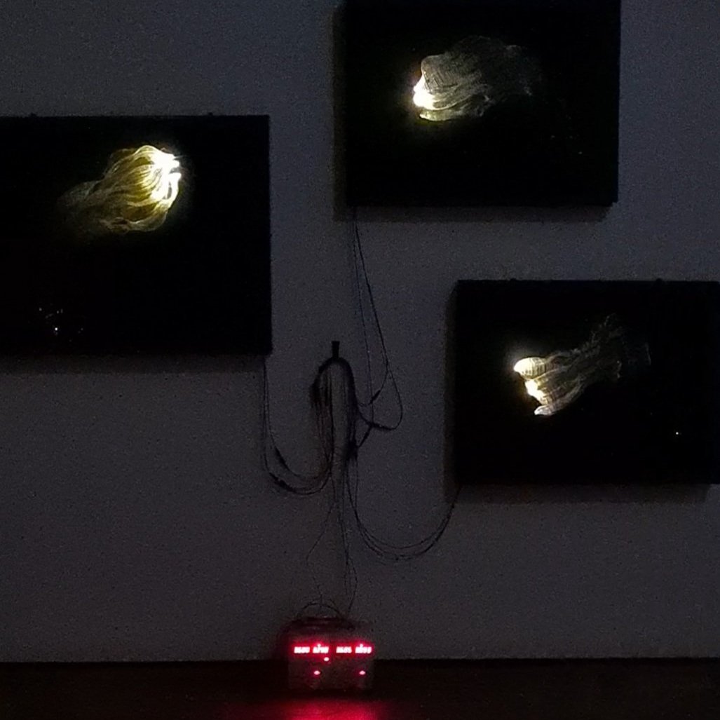 'Canopy' installation series, 2024, Melanie Olde, handwoven multi-layered fibre optic, electronics.