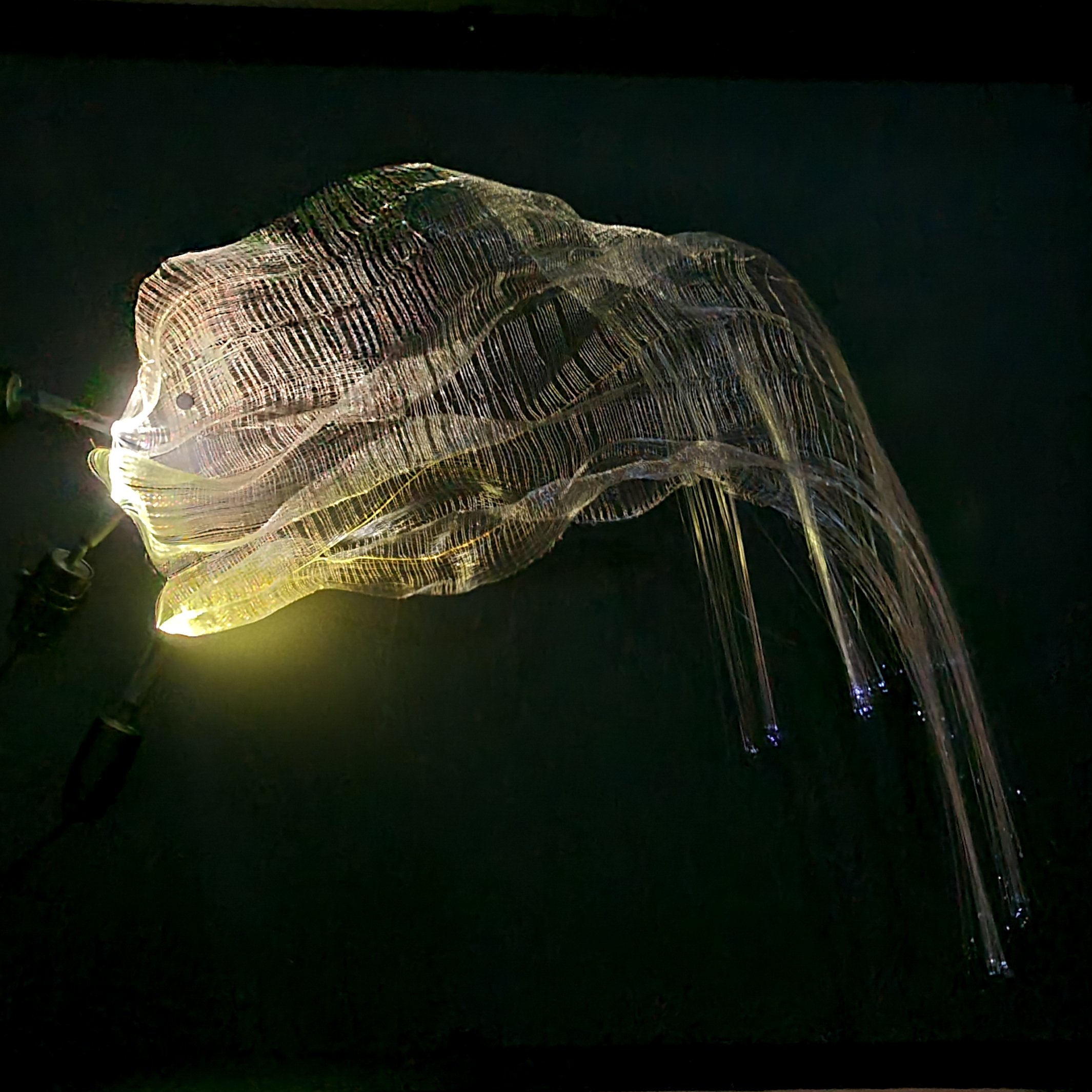 'Canopy' detail, 2024, Melanie Olde, handwoven multi-layered fibre optic, electronics.