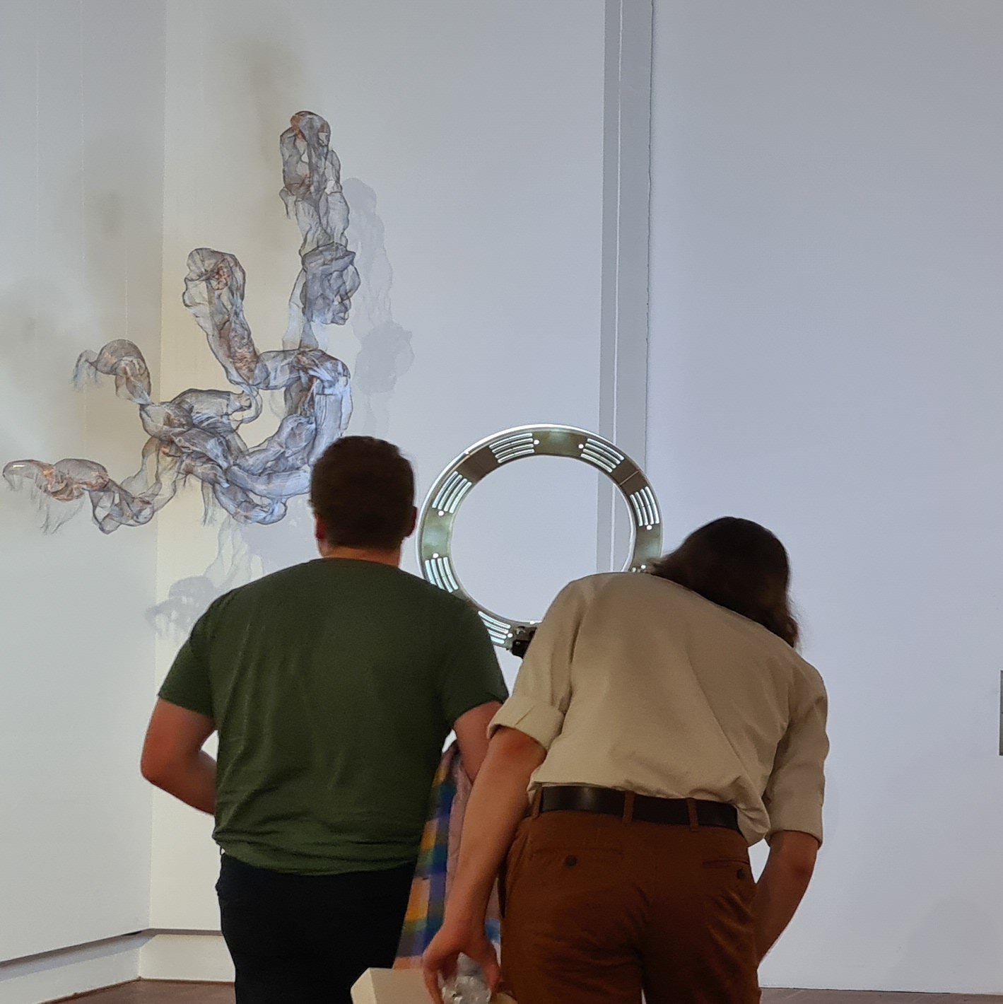 'Branching' installation view, 2024, Melanie Olde, handwoven multi-layered reflective thread, copper wire.