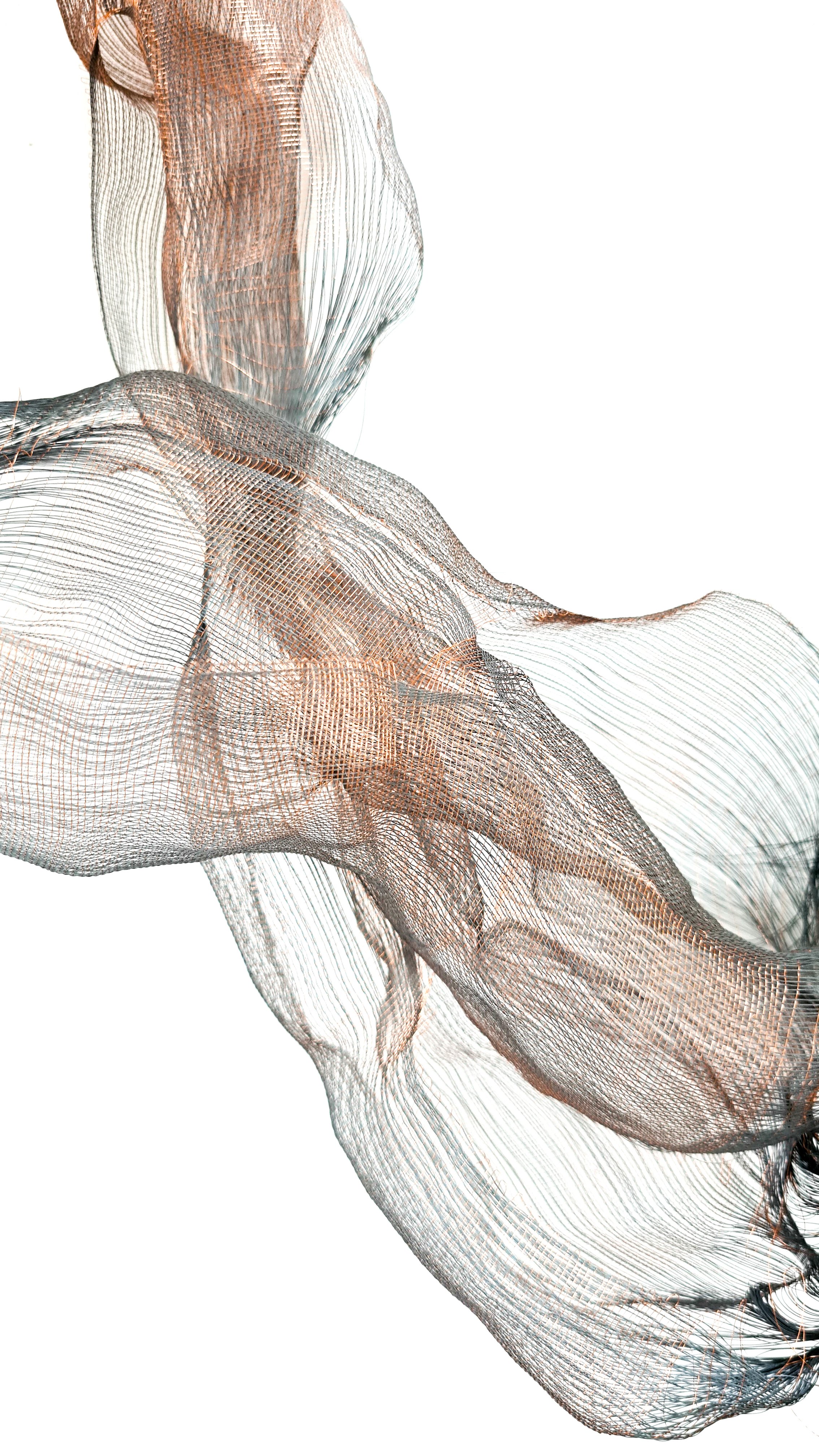 'Branching' detail (natural lighting), 2024, Melanie Olde, handwoven multi-layered reflective thread, copper wire.