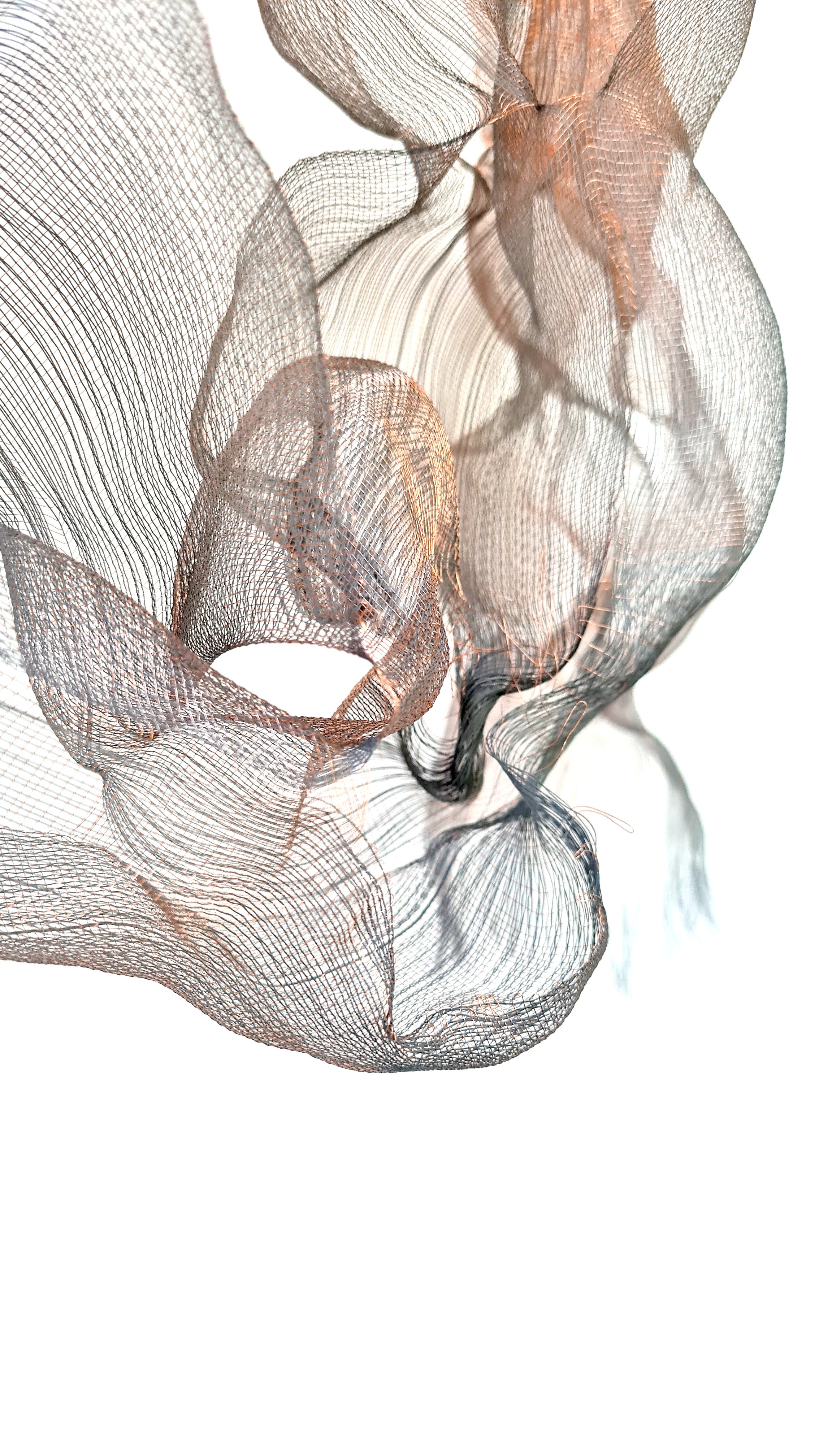 'Branching' detail (natural lighting), 2024, Melanie Olde, handwoven multi-layered reflective thread, copper wire.