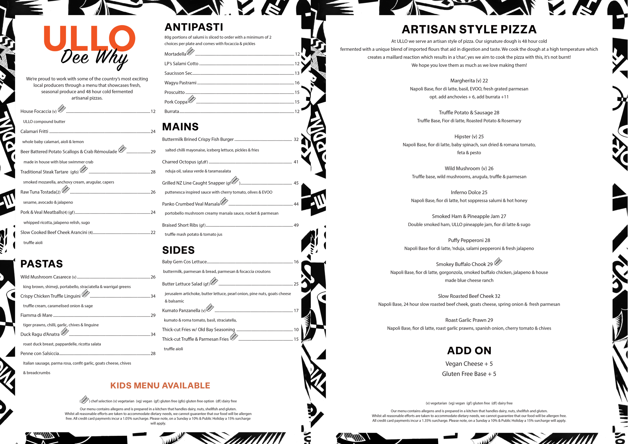 A black and white menu with sections for antipasti, mains, pastas, sides, and pizza options. The menu features various Italian dishes with some vegetarian, vegan, gluten-free, and dairy-free options highlighted.