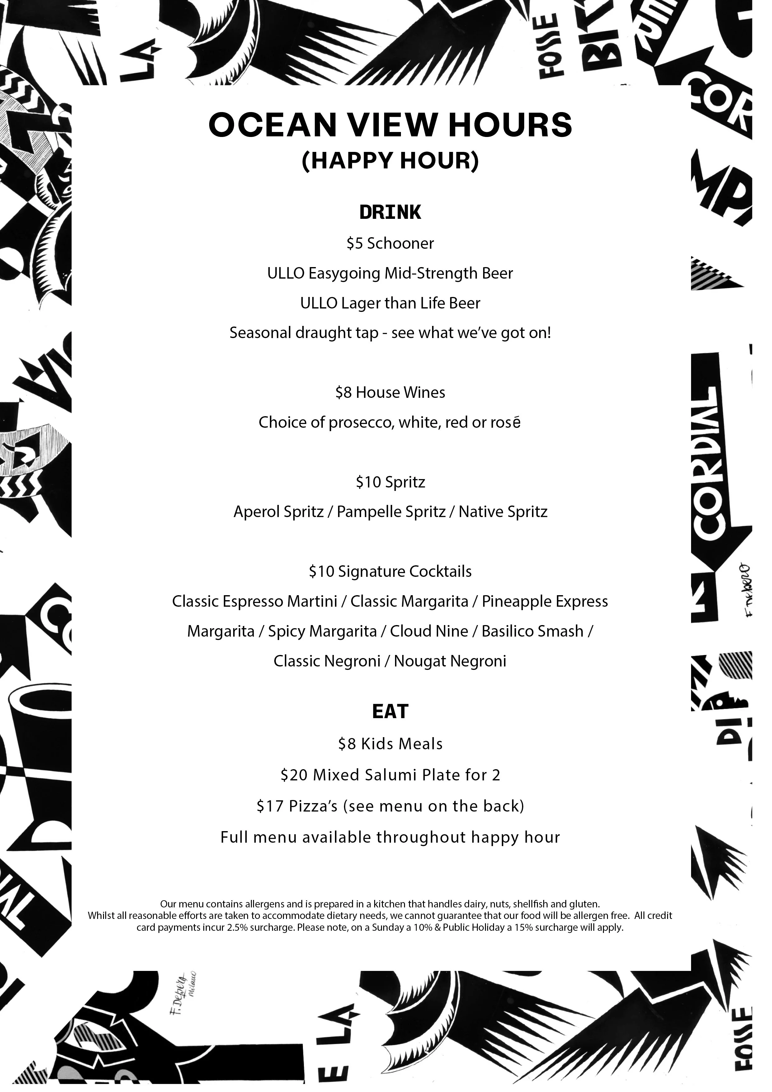 Menu for Ocean View Hours with drink and food options, including beers, wines, cocktails, kids meals, and pizza, set against a black and white abstract patterned background.
