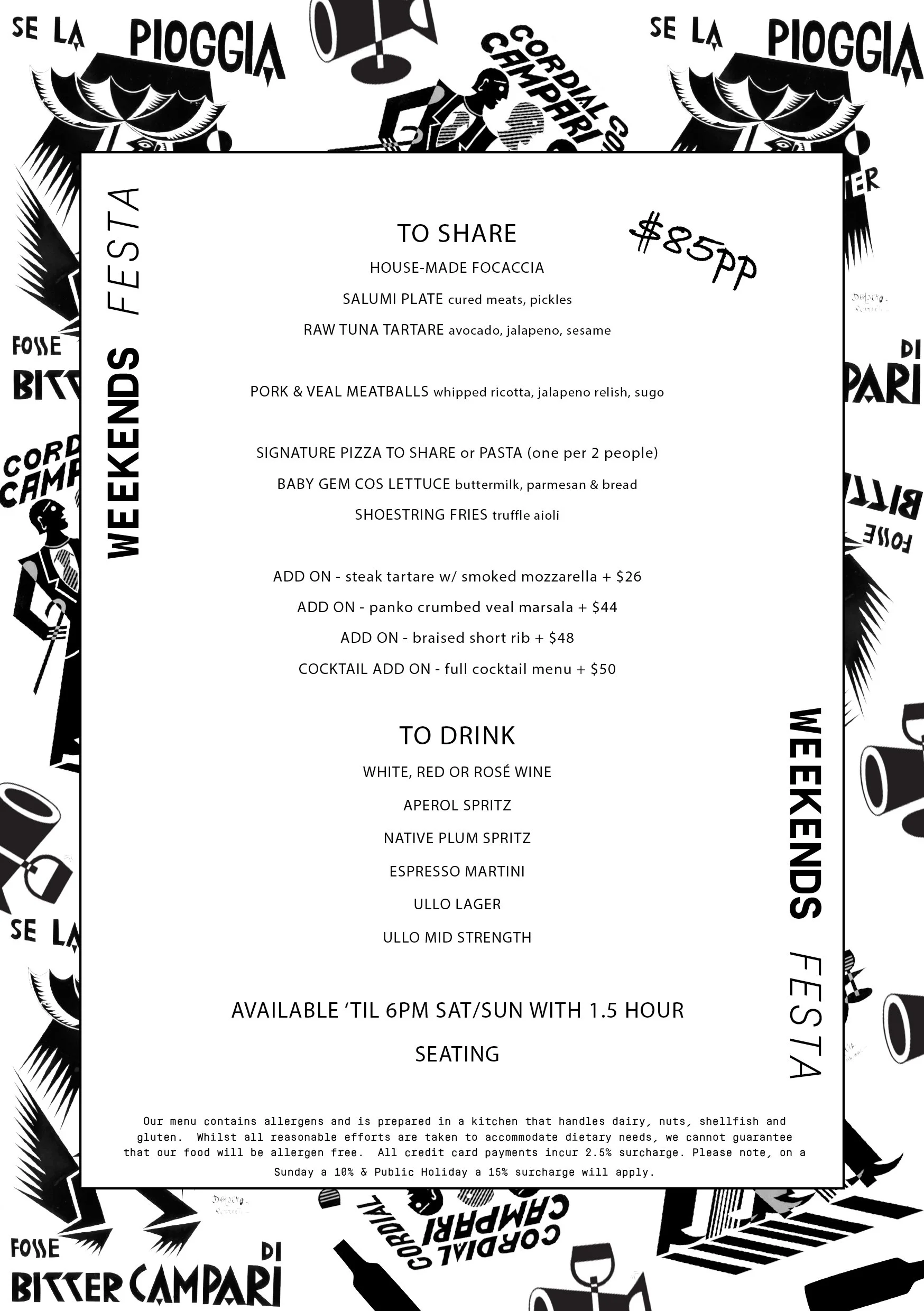 A food menu with black and white illustrations of umbrellas, a woman in a dress, and items like cans and bottles in the background. The menu lists dishes to share and drinks, with prices and additional options.