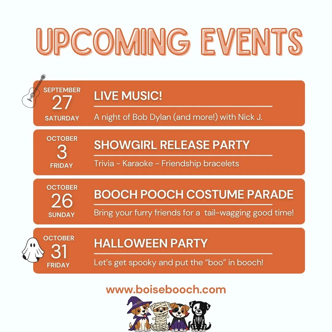 🎶👻🍂 So many ways to spend your days/nights at Boise Booch! From live music to Swiftie celebrations, pups in costumes to spooky parties, plus our weekly games&hellip; there&rsquo;s always something brewing here. ✨

Swipe through to see what&rsquo;s