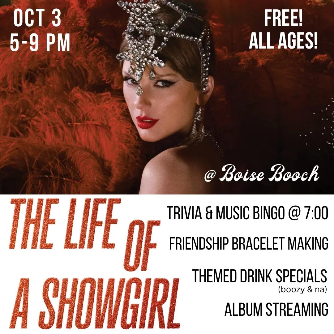 ✨ Calling all Swifties ✨
This Friday we&rsquo;re turning Boise Booch into a Taylor Swift Showgirl Celebration 💃🎤 Sing, dance, sip, and sparkle your way through the eras with themed drinks, friendship bracelets, and all the hits you know by heart.


