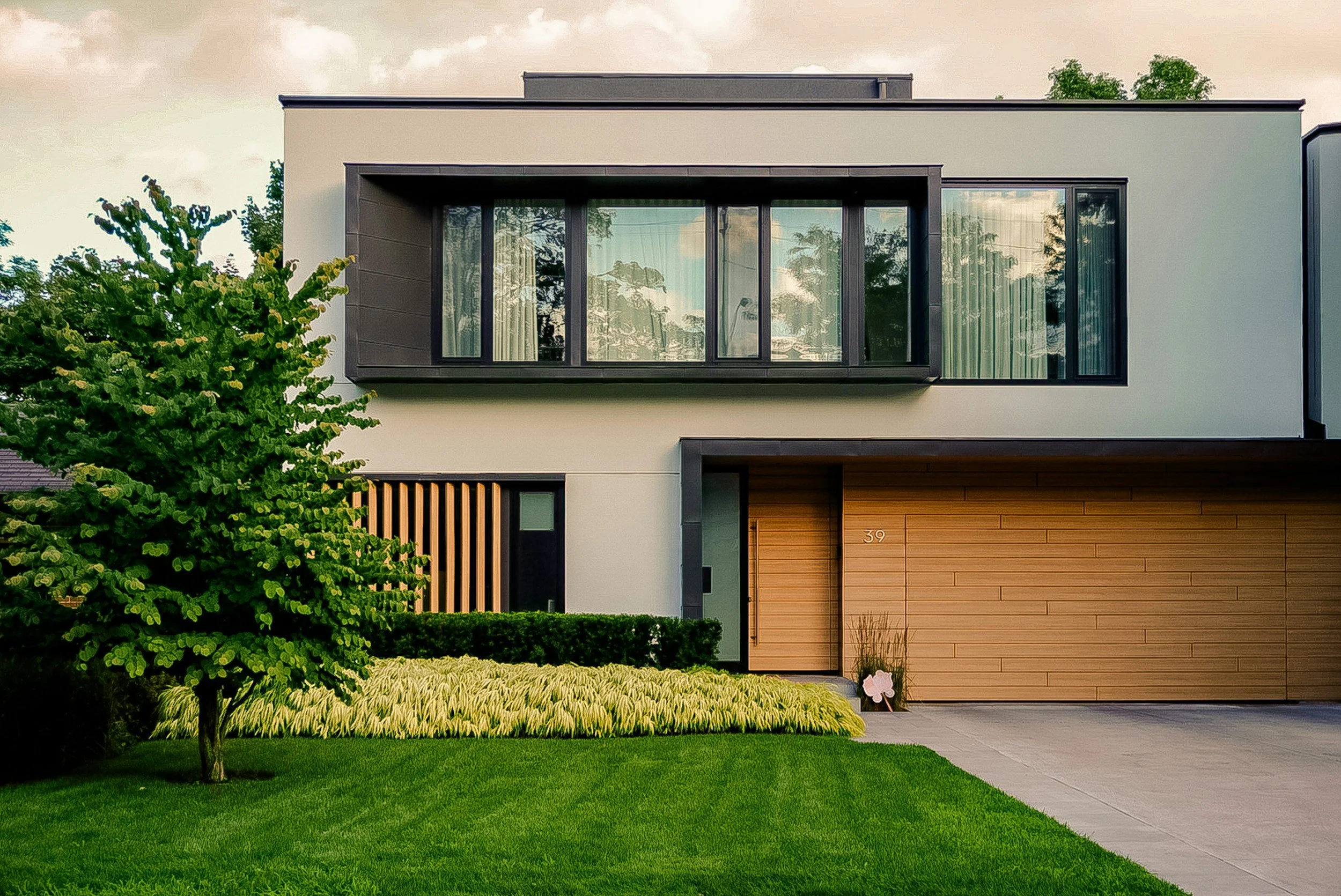 Modern two-story house with large windows, a wooden garage door, well-maintained lawn, and green trees.