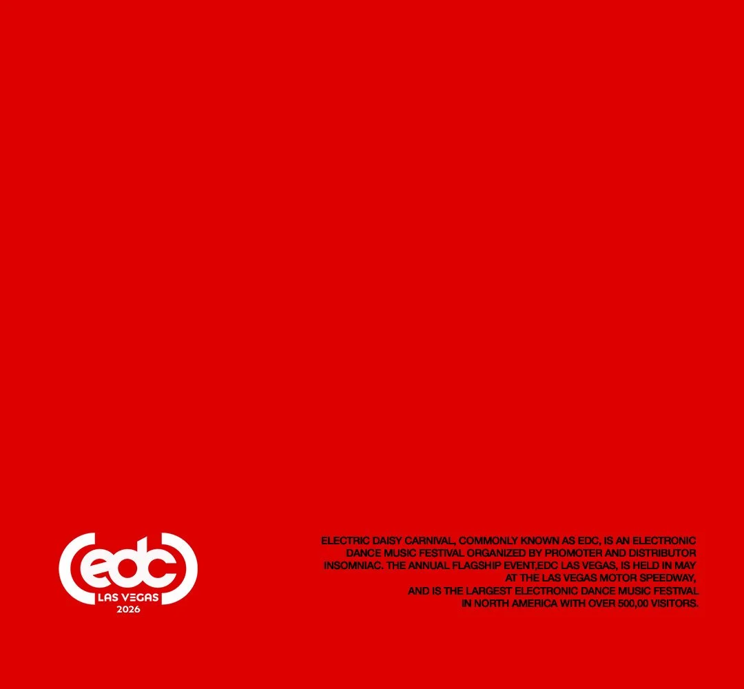 Red background with white and black text describing the Electric Daisy Carnival (EDC) electronic dance music festival in Las Vegas, 2026.