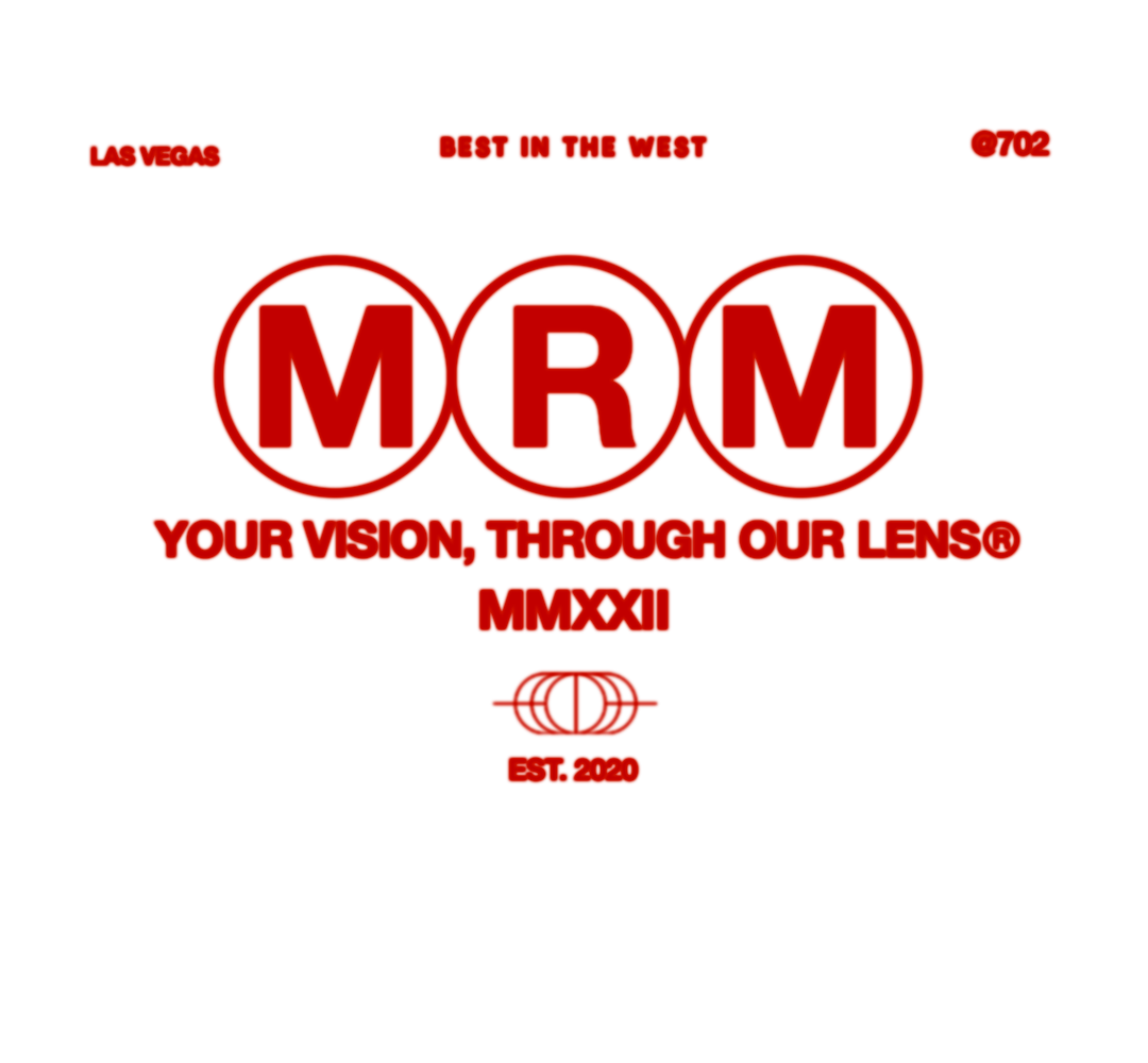A logo with red and black colors, featuring the text 'MRO' inside three circles, with additional text "Your vision, through our lens" and "MMXXII", along with a graphic of a camera lens, indicating an eyewear or optometry brand established in 2020.