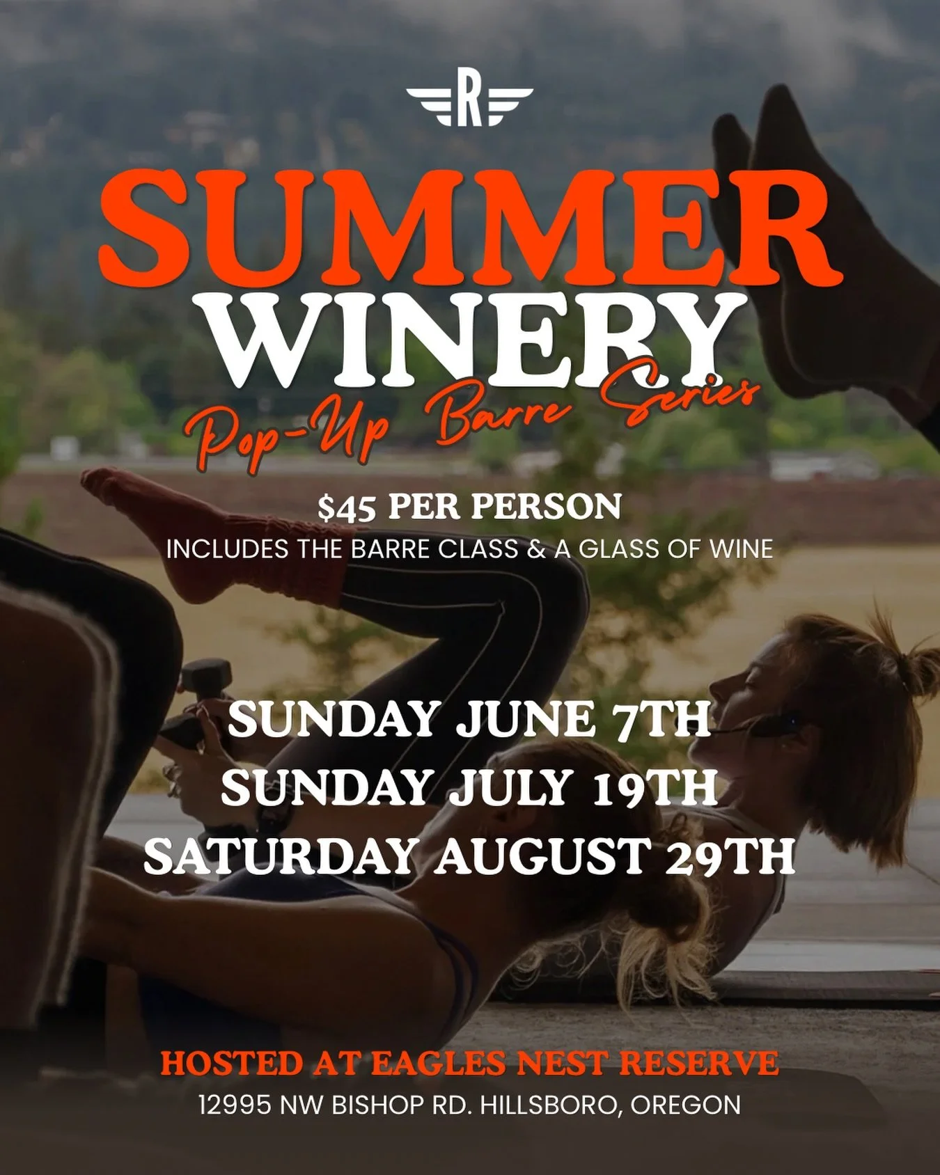 Join us this summer at Eagles Nest Reserve for a special series of pop-up Barre classes!🍇

Our first class kicks off Sunday, June 7th at 11:00 AM with a 50-minute Barre class led by Taylor followed by a glass of wine!✨

📲 How to book:
&bull; Purcha