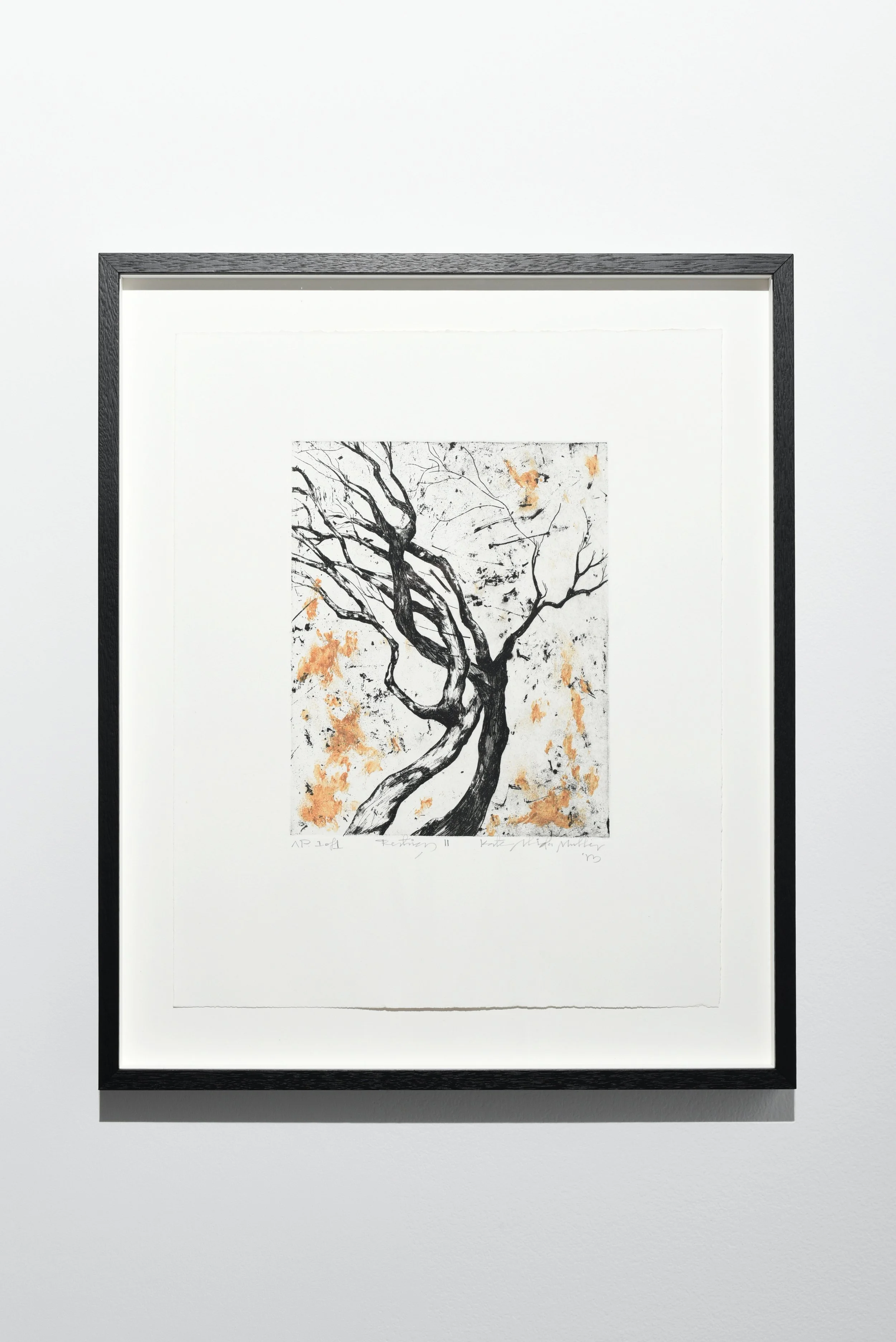 Artwork of a black, twisted tree branch with orange leaves or flowers, signed at the bottom. Copyright Kate Alida Mullen