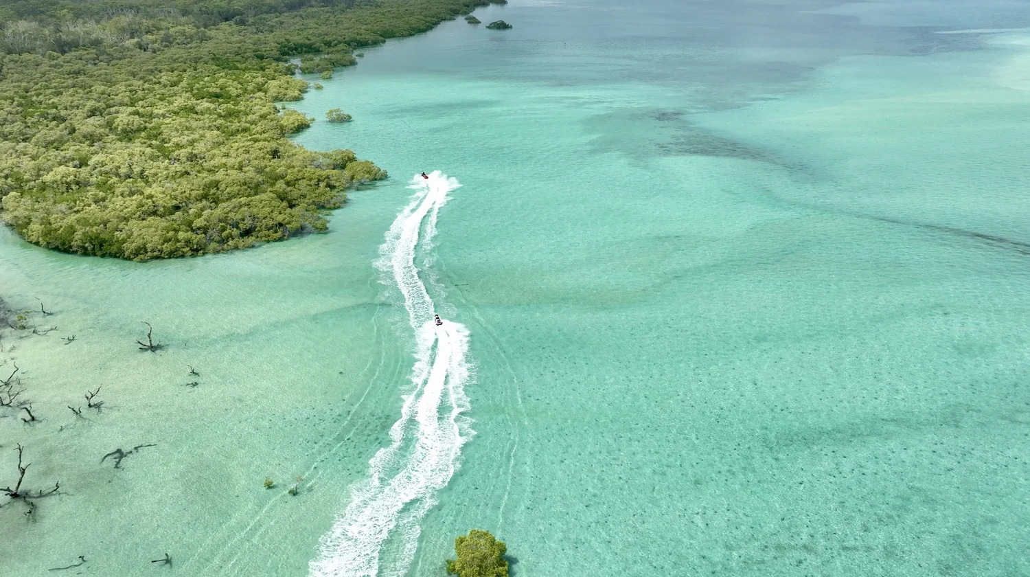 Aerial view of Tangalooma Island Resort and Moreton Island, destination of Trident's flagship full-day jetski tour