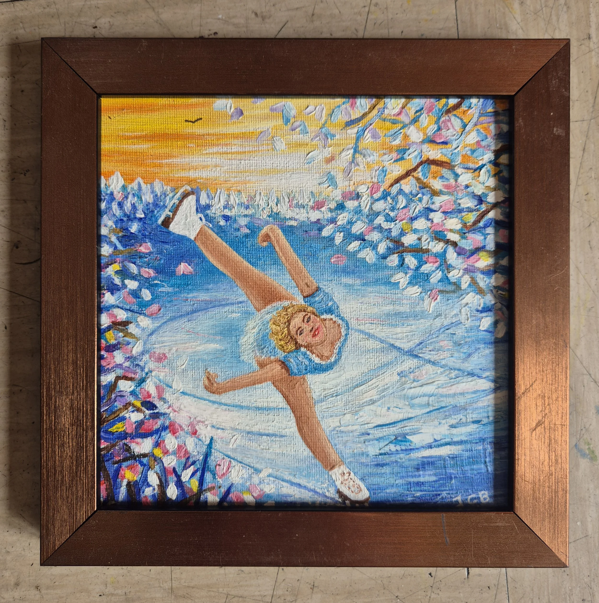 original midi oil on canvas of an ice skater in wintry scene by JC Barber