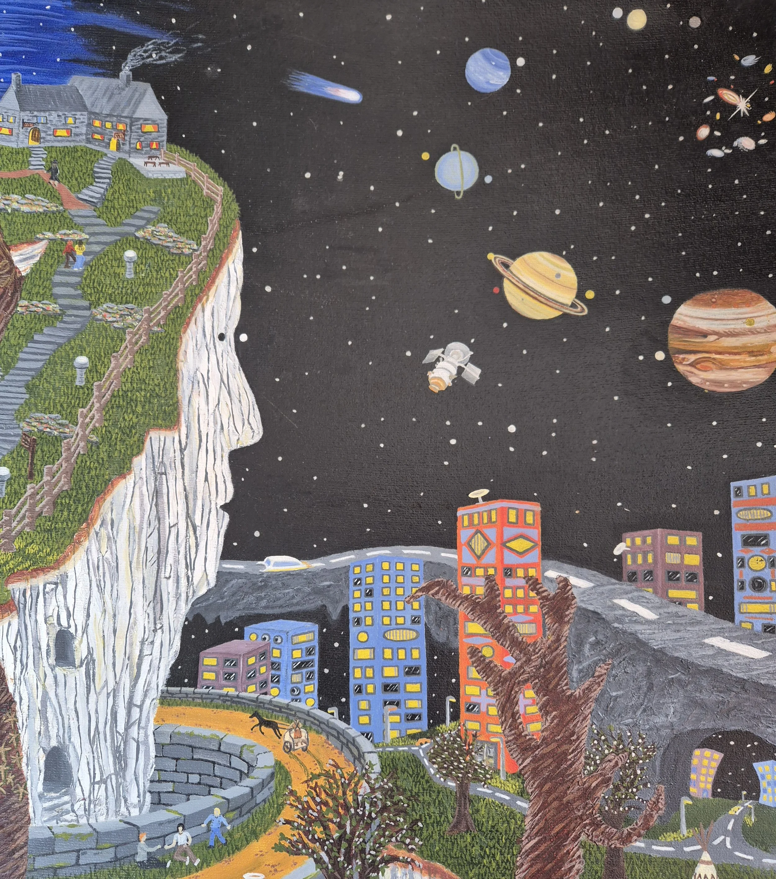 Close up detail of 'Why Sacrifice Rainbows' original Oil Painting by UK artist JC Barber. A Surreal landscape featuring a white cliffside shaped like a human profile, overlooking a glowing city at night under a starry sky