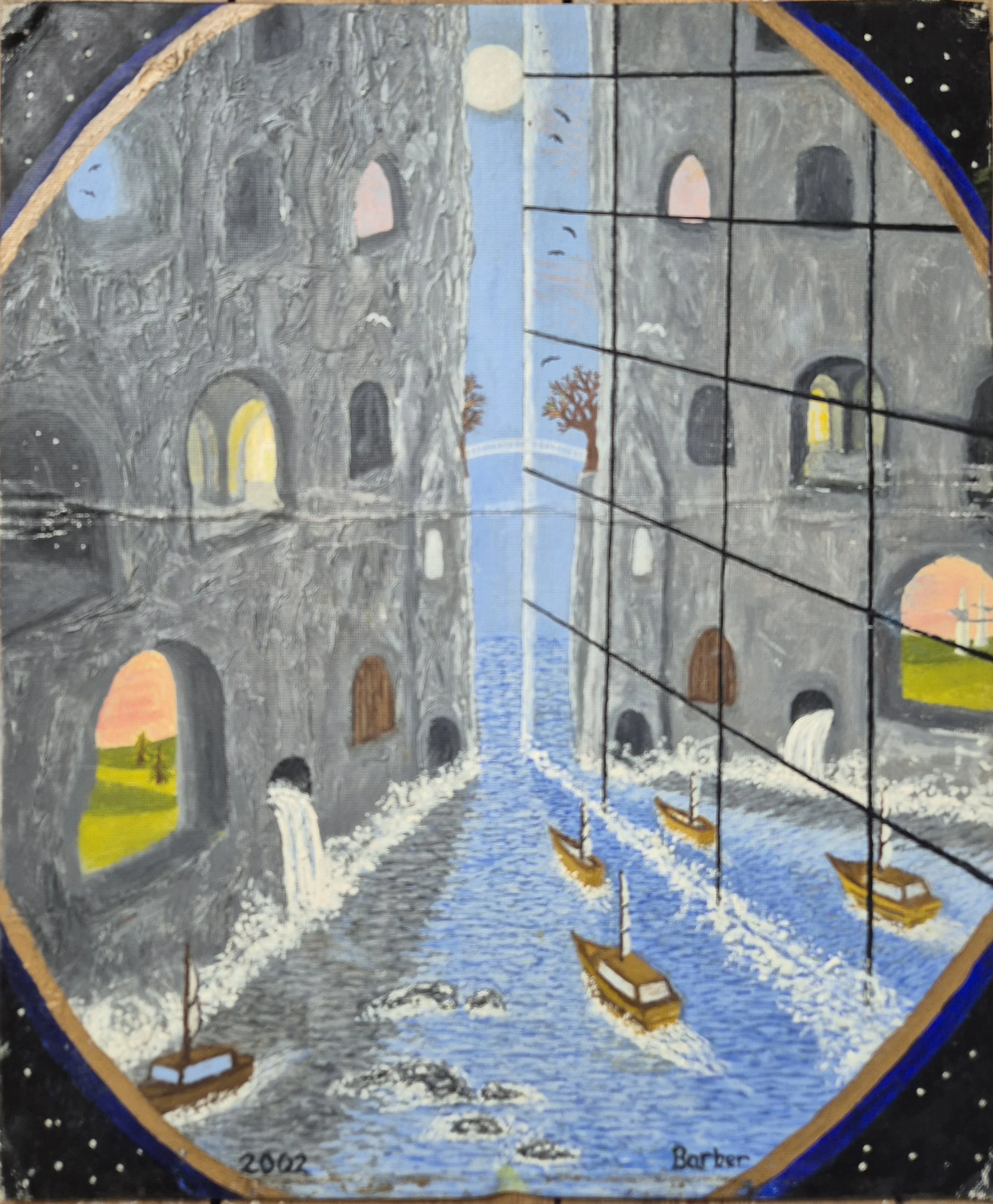 2-Spirits: A c.2002 circular oil painting by JC Barber from The Expanded Mythos. The canvas was bent in half and  later repainted as Mirrored!.