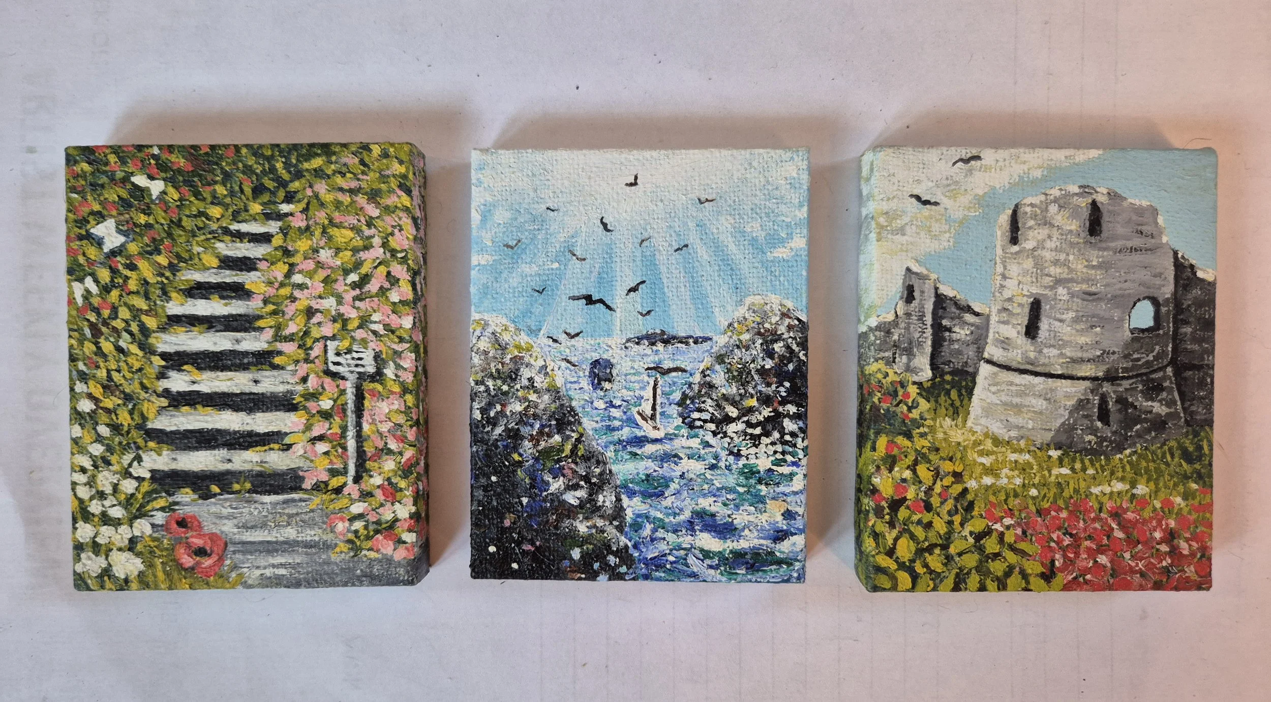 Original miniature oil paintings of castles, ruins and rocky seascapes by JC Barber