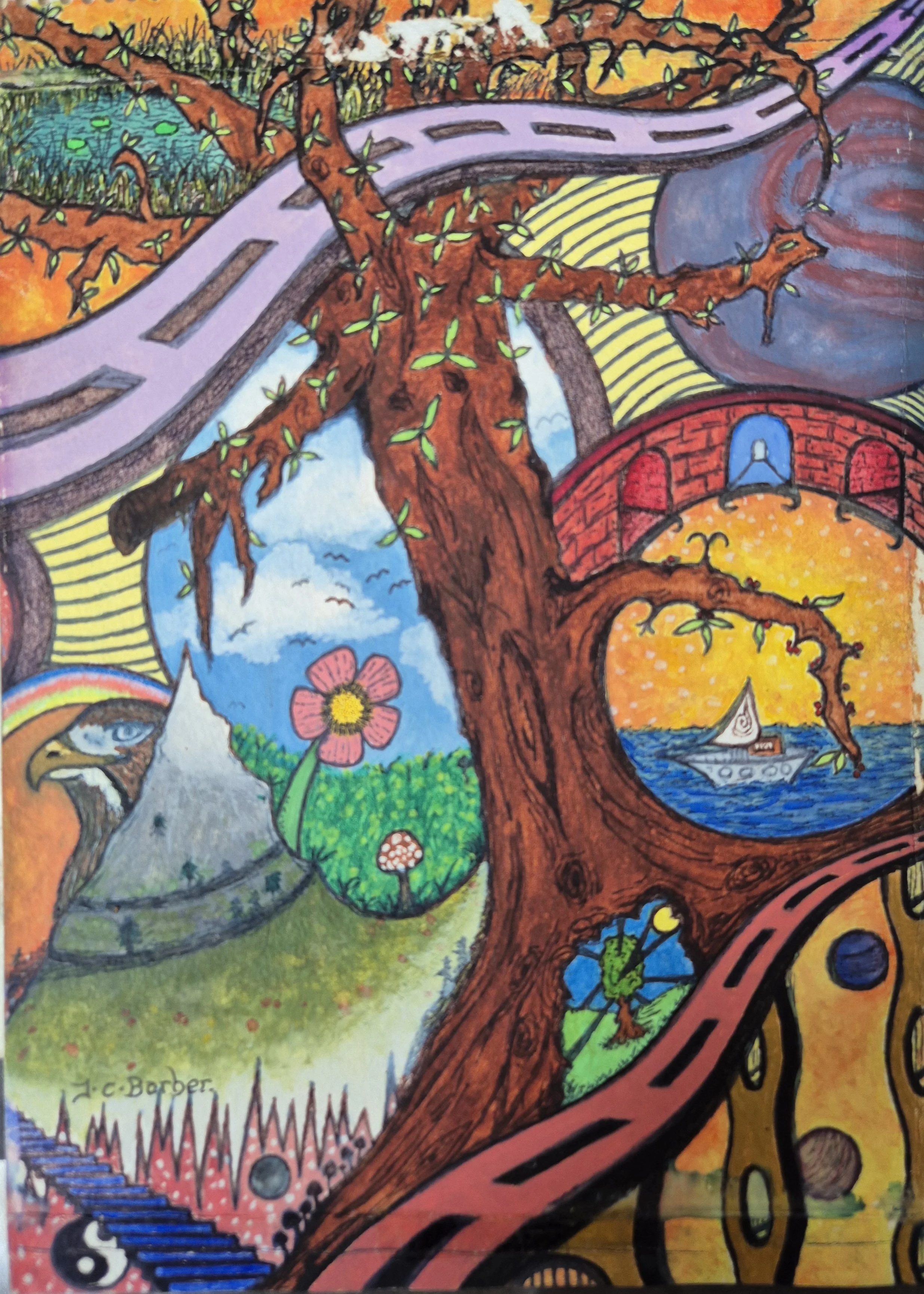 The Giant Cosmic Tree: A c 1990 mixed media artwork by JC Barber. Early juvenilia depicting a massive spanning, colourful cosmic tree.