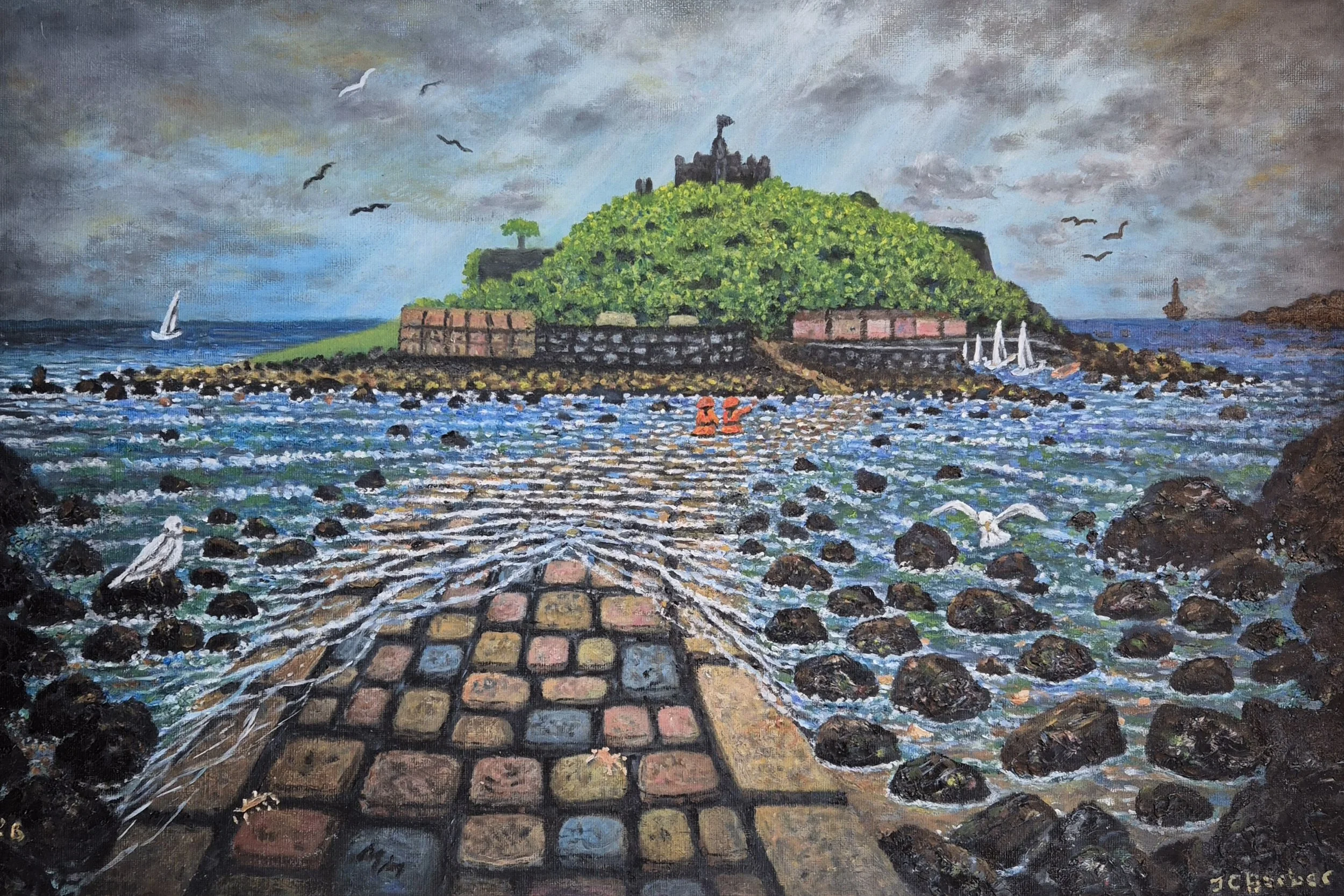 An oil painting of Saint Michael's Mount in Cornwall, featuring a stone causeway leading across the water to a lush green and rocky island wit a historic castle.