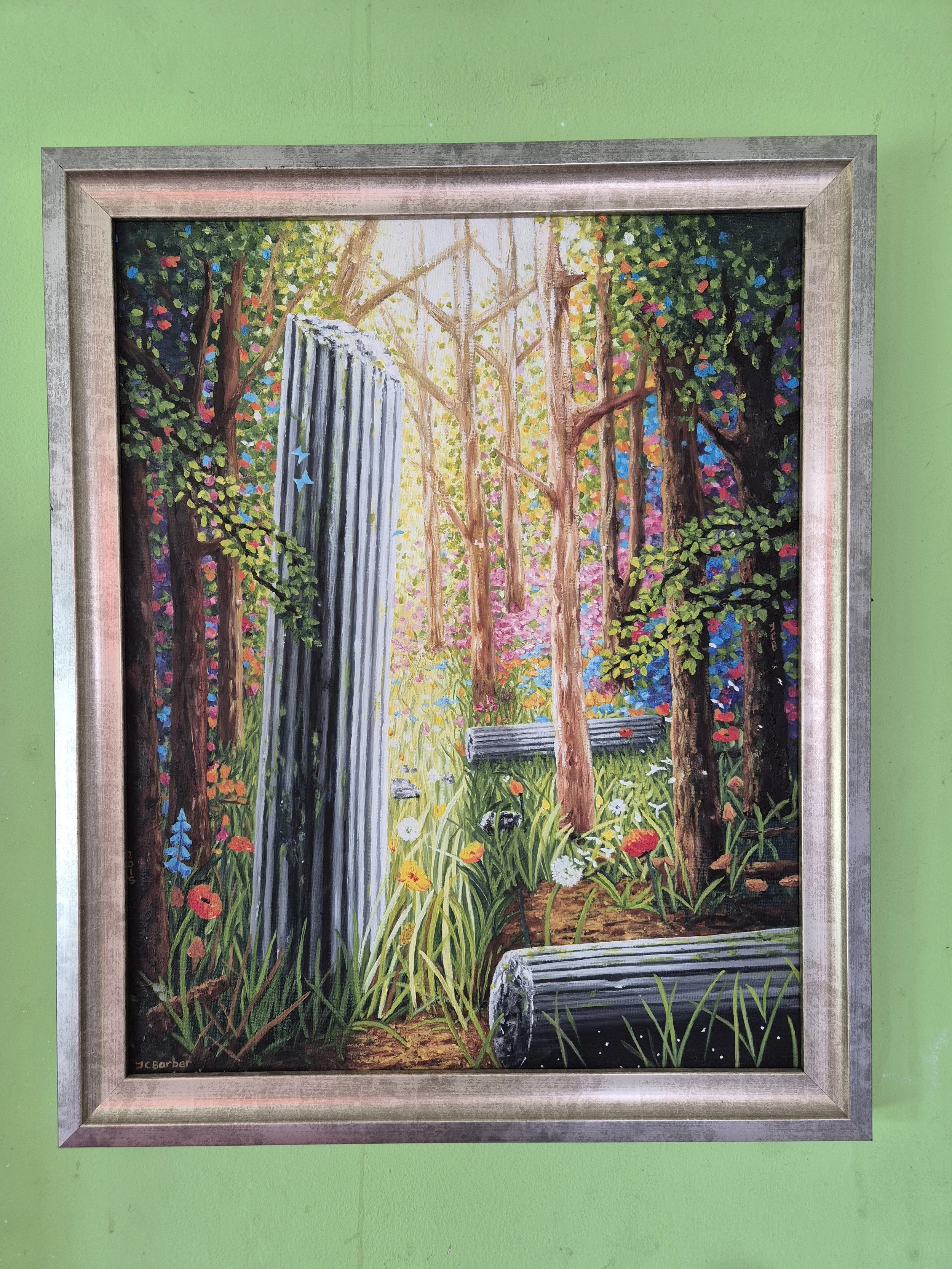 An oil painting of a  bright, sunlit woodland clearing featuring tall trees, colourful ground foliage, and two ancient, classical stone pillars resting amongst the greenery.