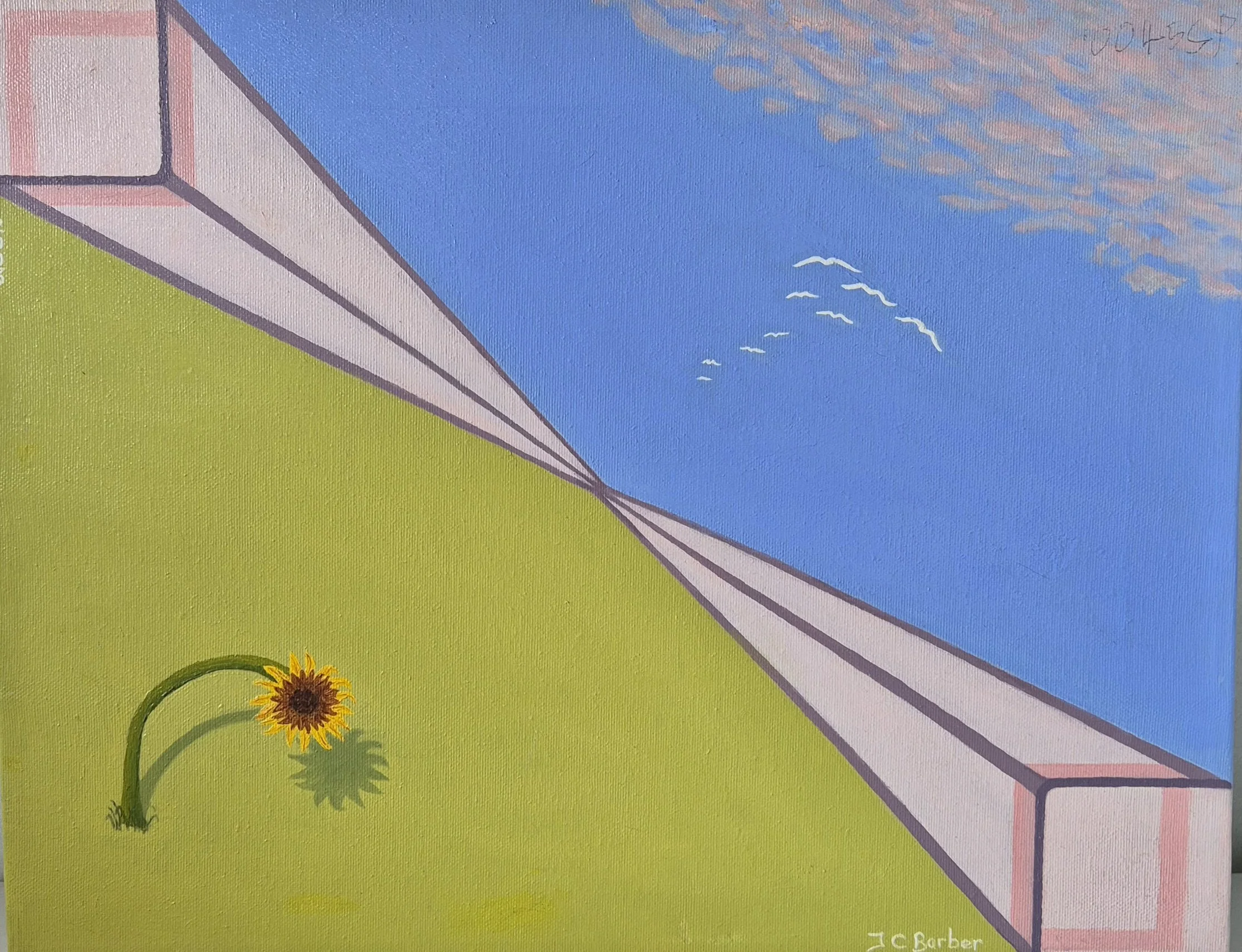 Twin Towers: A 2003 oil painting by JC Barber reflecting on a global event, featuring stark geometry and a solitary sunflower