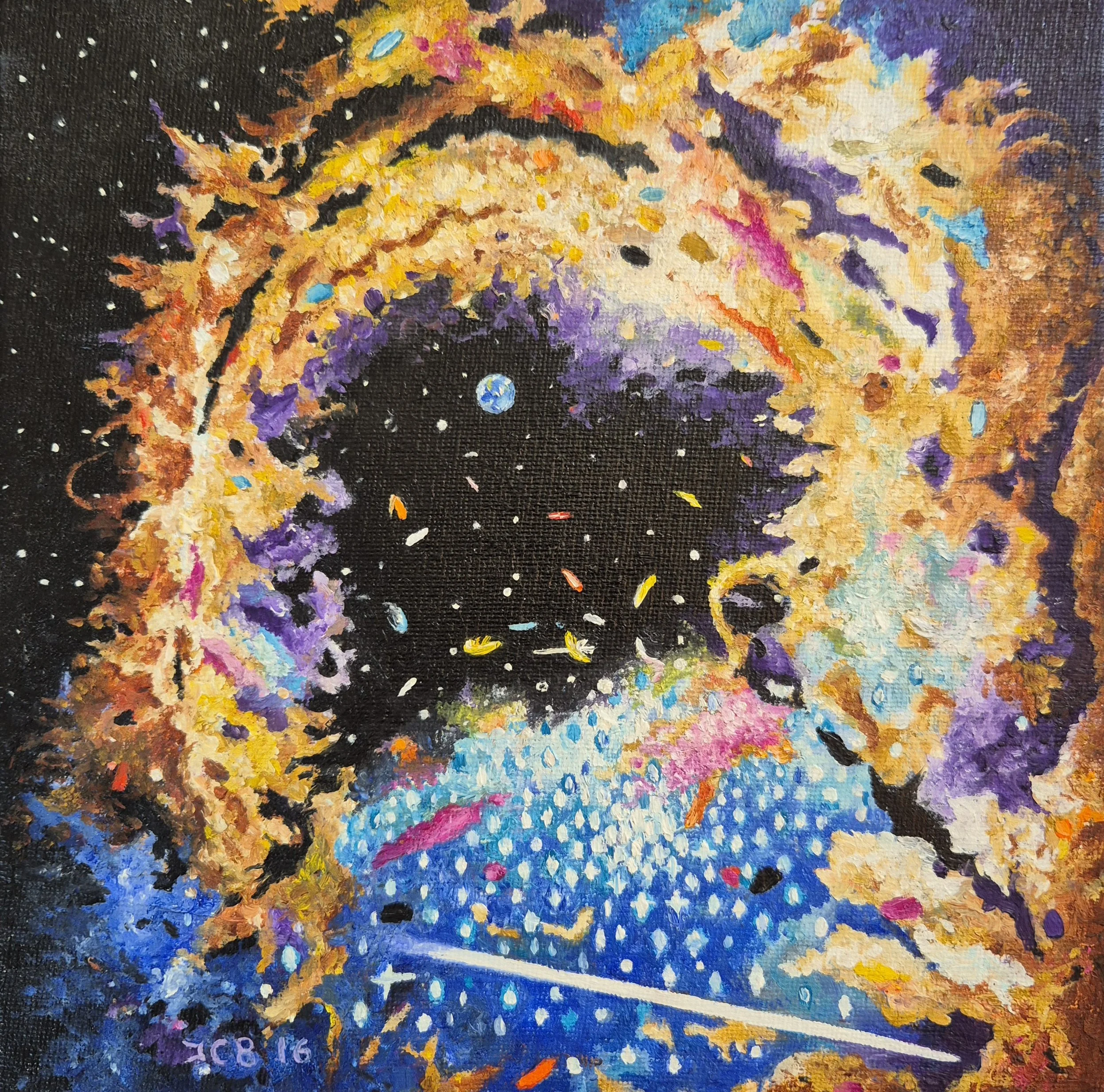 Insignificant & Supreme' Original Oil Painting by UK artist JC Barber. A vibrant, swirling golden and yellow cosmic nebula, a deep space tunnel, dotted with bright stars and Earth through a void