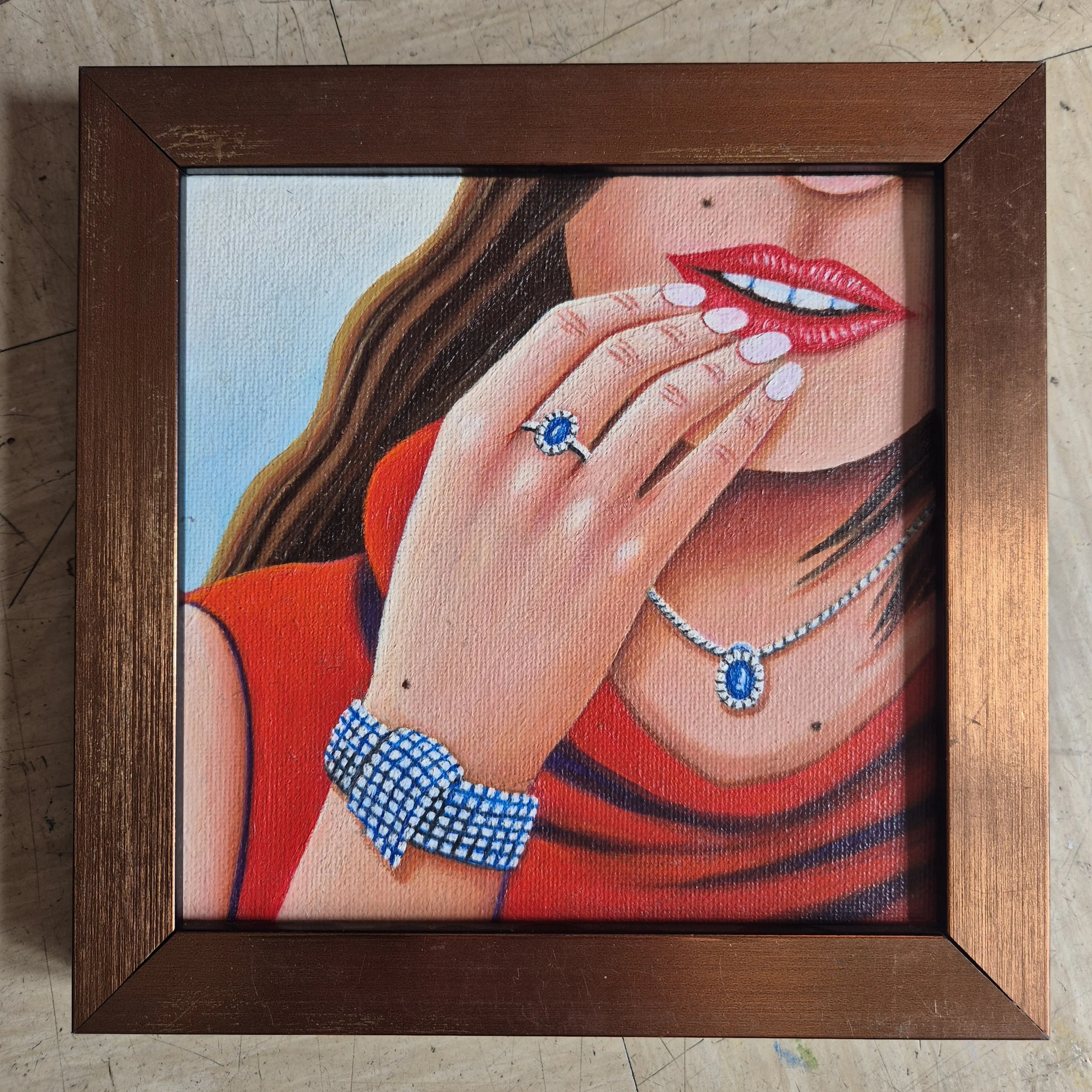 Ruby with Sapphire Lady with jewellery Original Midi oil on canvas by JC Barber