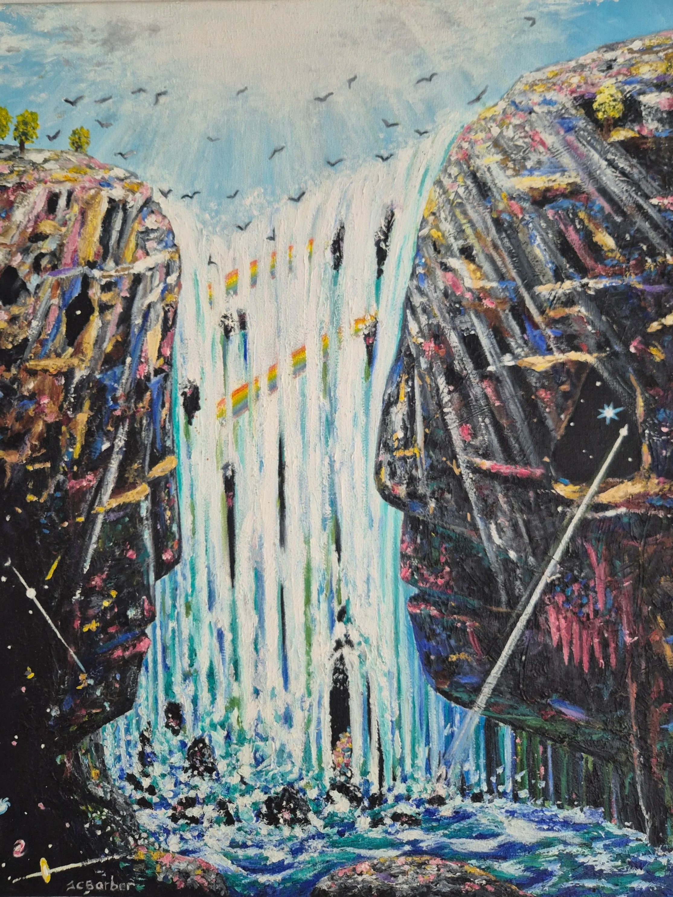 An oil painting depicting a rushing waterfall cascading between two towering rock cliffs that resemble ancient human profiles facing one another. The dark, textured cliffs contain hidden, starry galaxies, and faint rainbows across the falling water
