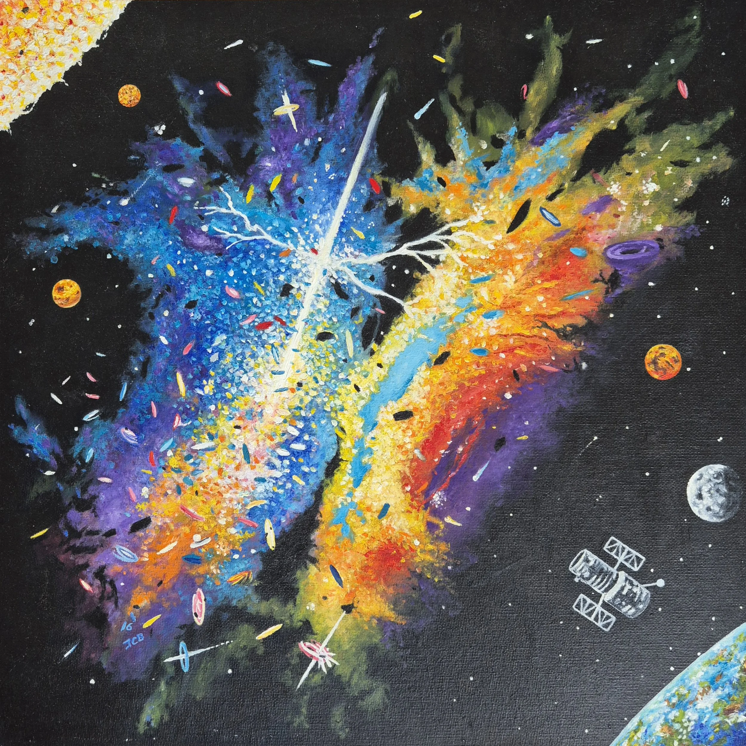 Hubble & the Rock Planets' Original Oil on Canvas by UK Artist JC Barber. A bright explosive blue and orange nebula in deep outer space. The Hubble Telescope floats in space