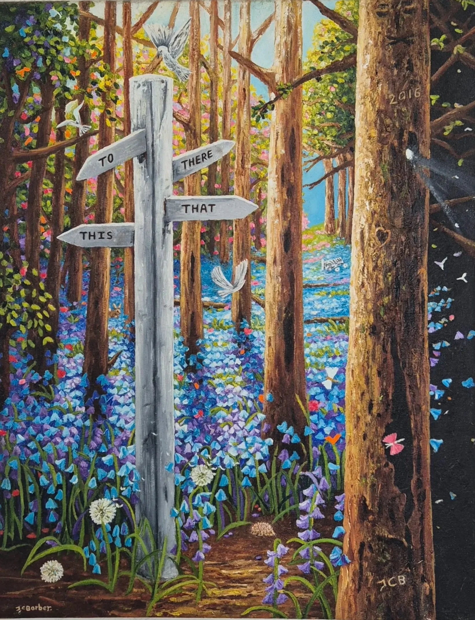 An oil painting of a sunlit woodland with a floor covered in vibrant bluebells and tall trees. In the foreground stands a quirky white wooden signpost pointing in multiple directions with words like `TO', `THERE', THIS', and `THAT', and  birds