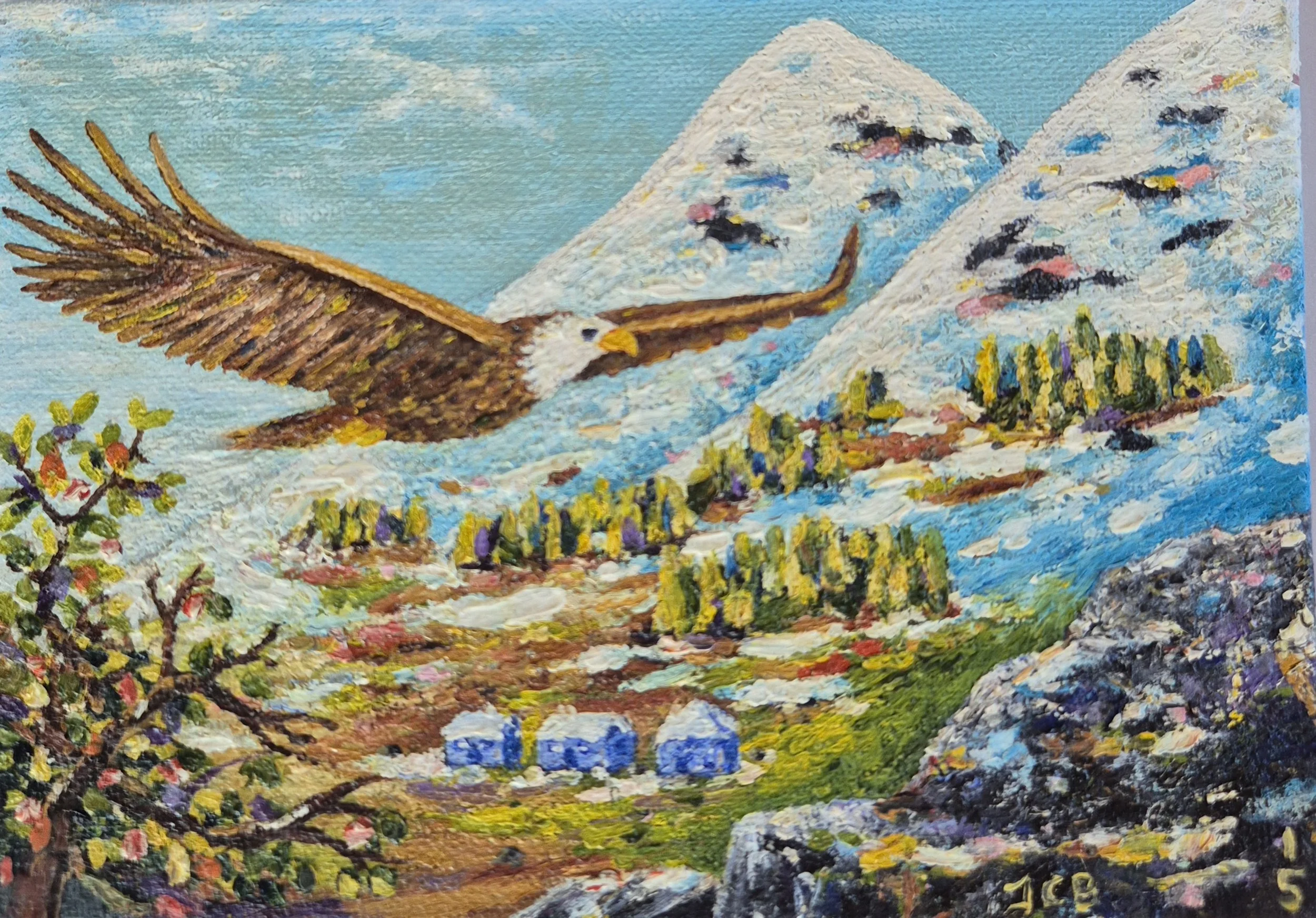 Original midi Oil painting of an eagle soaring over a mountain landscape by JC Barber