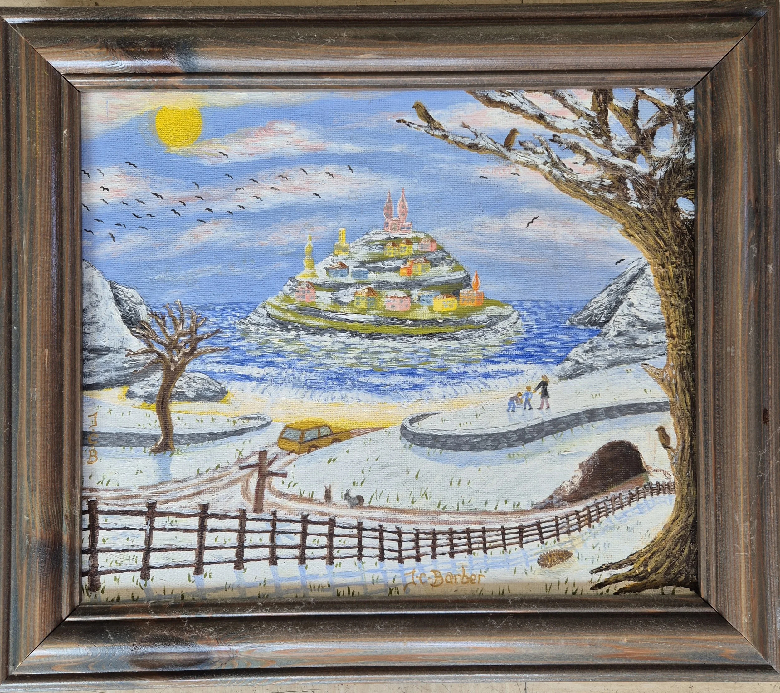 Snow: A 2001 oil painting by JC Barber. A  snowy winter landscape depicting the artist and their two eldest boys.