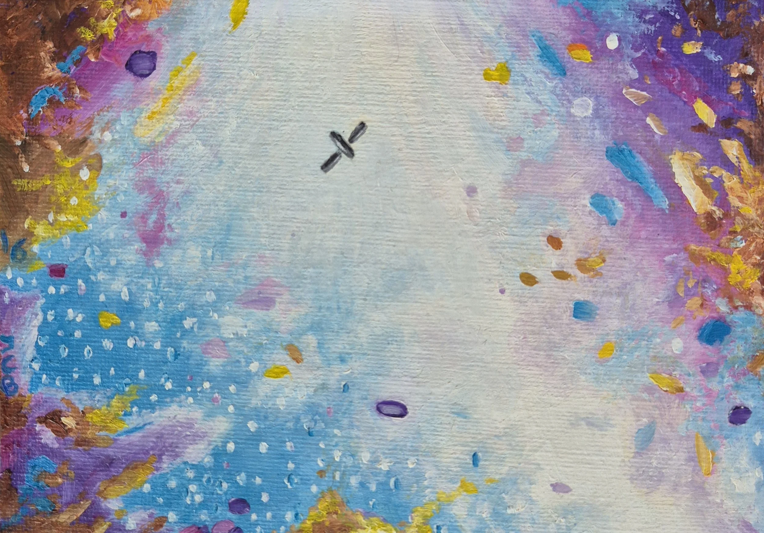 Midi oil painting of a nebula with a floating spacecraft by JC Barber