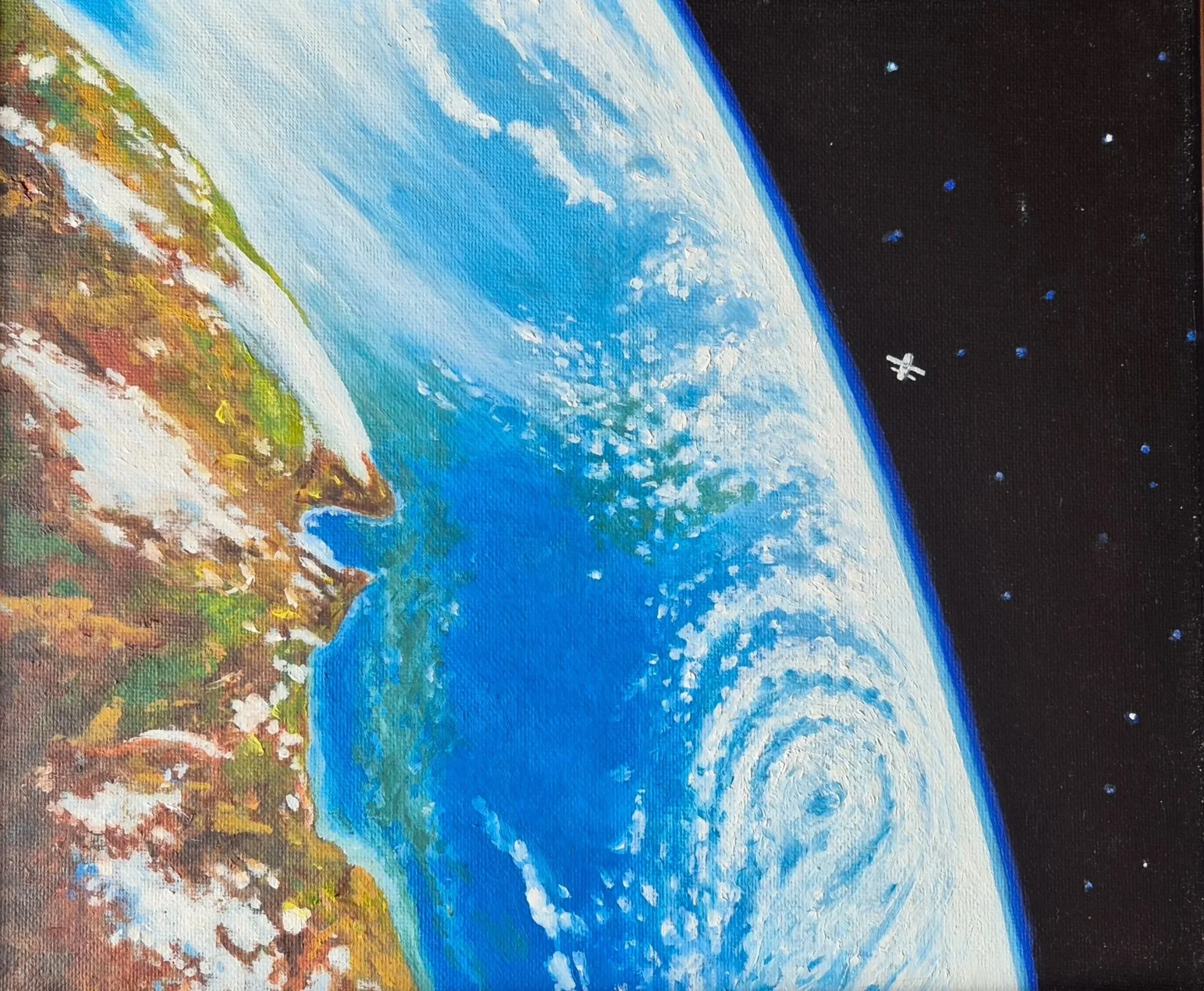 Earth' Original Oil on Canvas painting by UK artist JC Barber. A close up curved view of Earth from Space showing Blue Oceans, swirling white clouds, and  a tiny satellite floating in the dark  starry  void