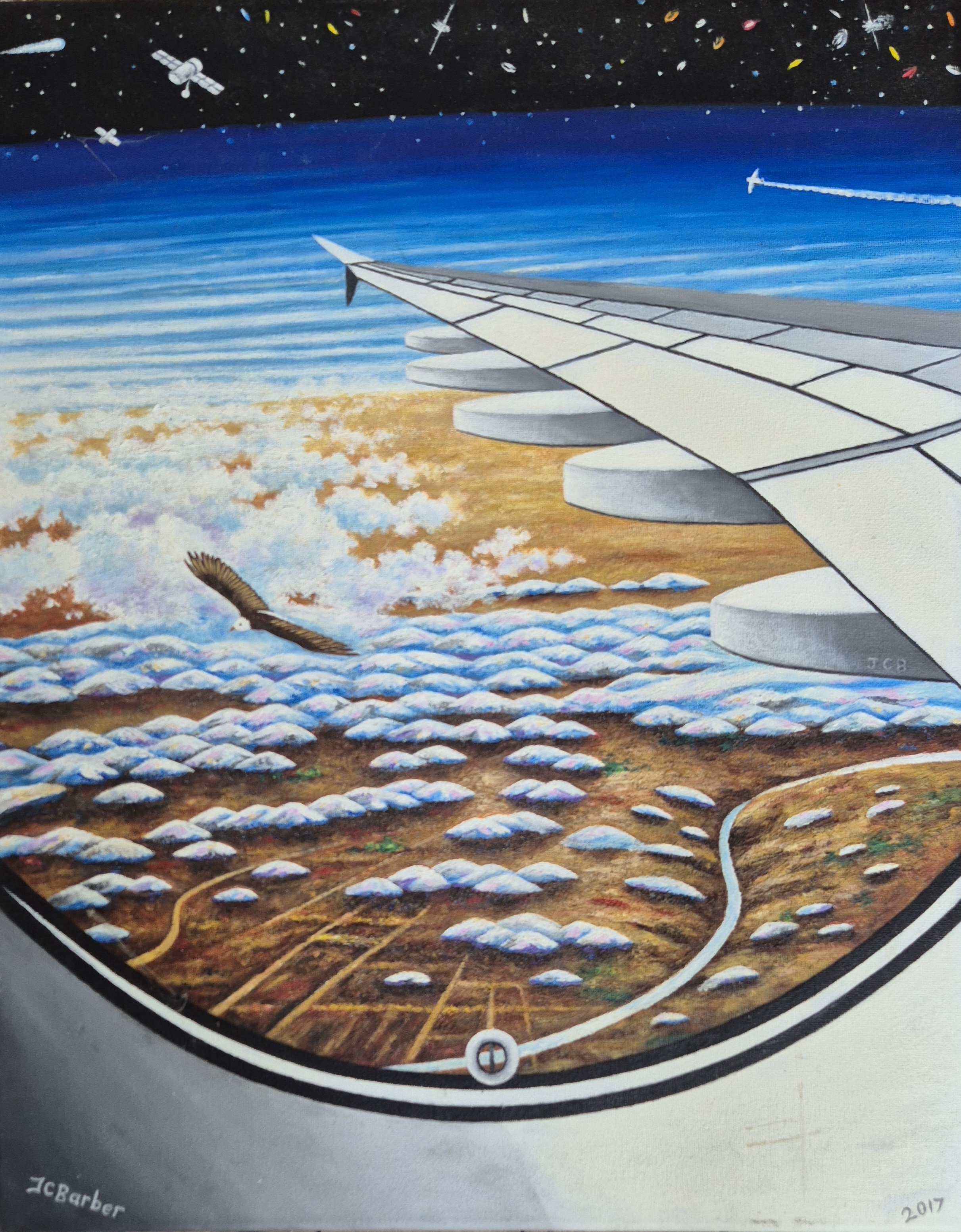 Going Places' Original Oil Painting by UK artist JC Barber. A view from an airplane window showing a silver wing soaring above fluffy white clouds a mountain range, and brown fields. A lone bird flies through a blue sky up to cosmos