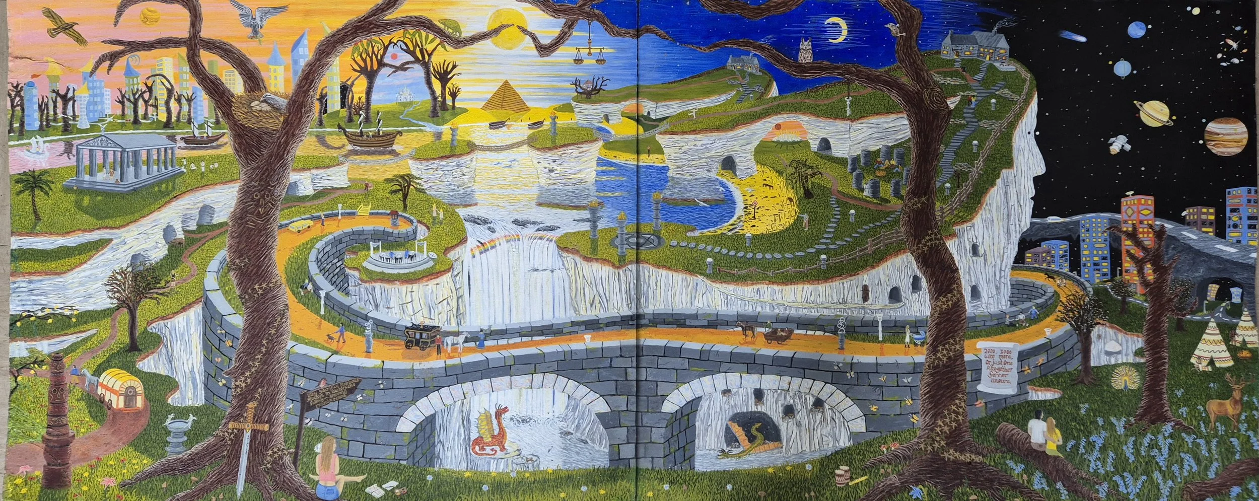 Why Sacrifice Rainbows; A 2000 surreal diptych oil painting by JC Barber. Part of The Millennium Mythos Trilogy featuring different era's, cultures, and hidden timelines