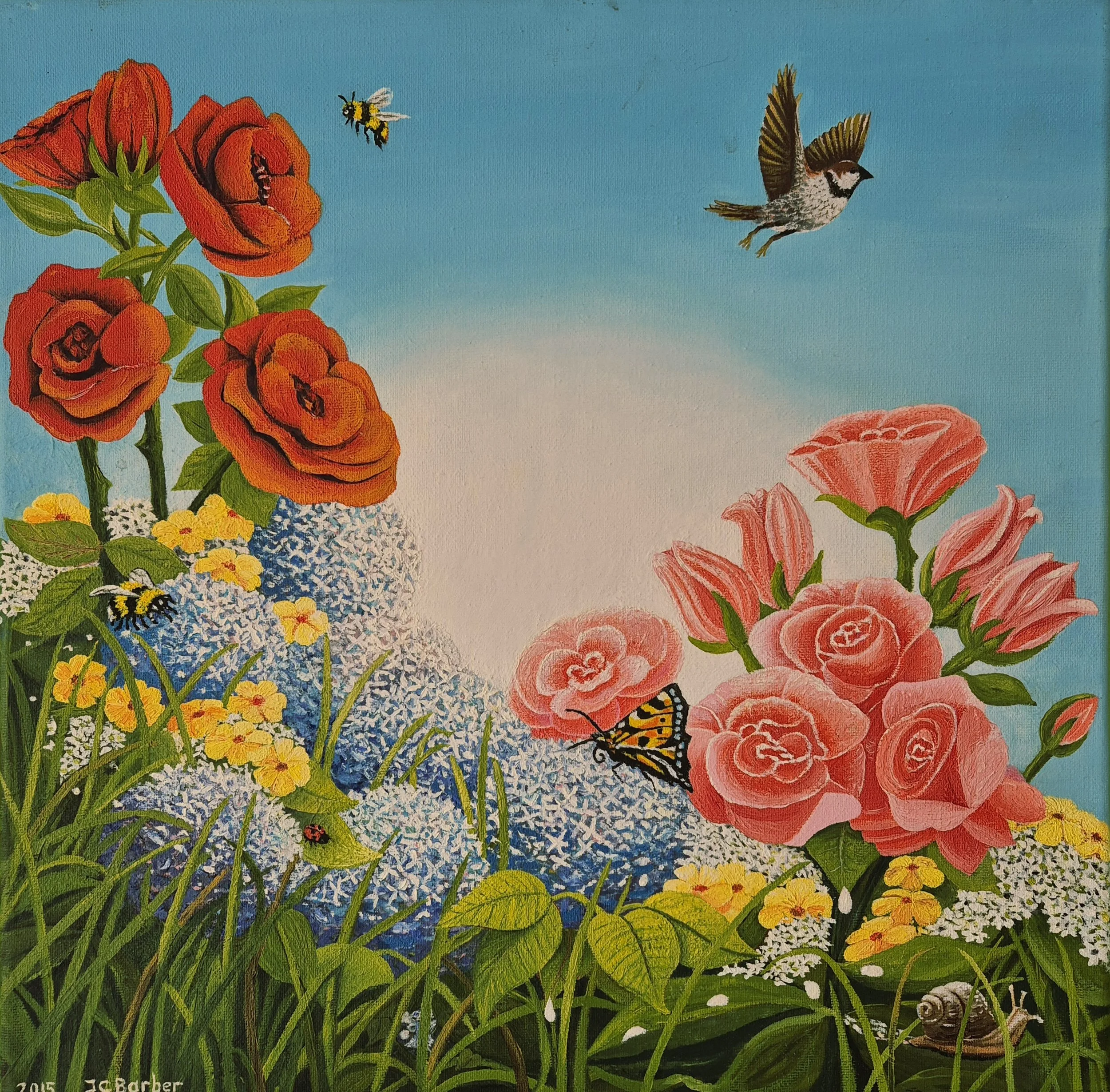 An oil painting of a lush garden featuring bright red and pink roses, clustered blue flowers, a resting butterfly, two busy bees, a ladybird on a leaf, and a small brown bird flying in a blue sky