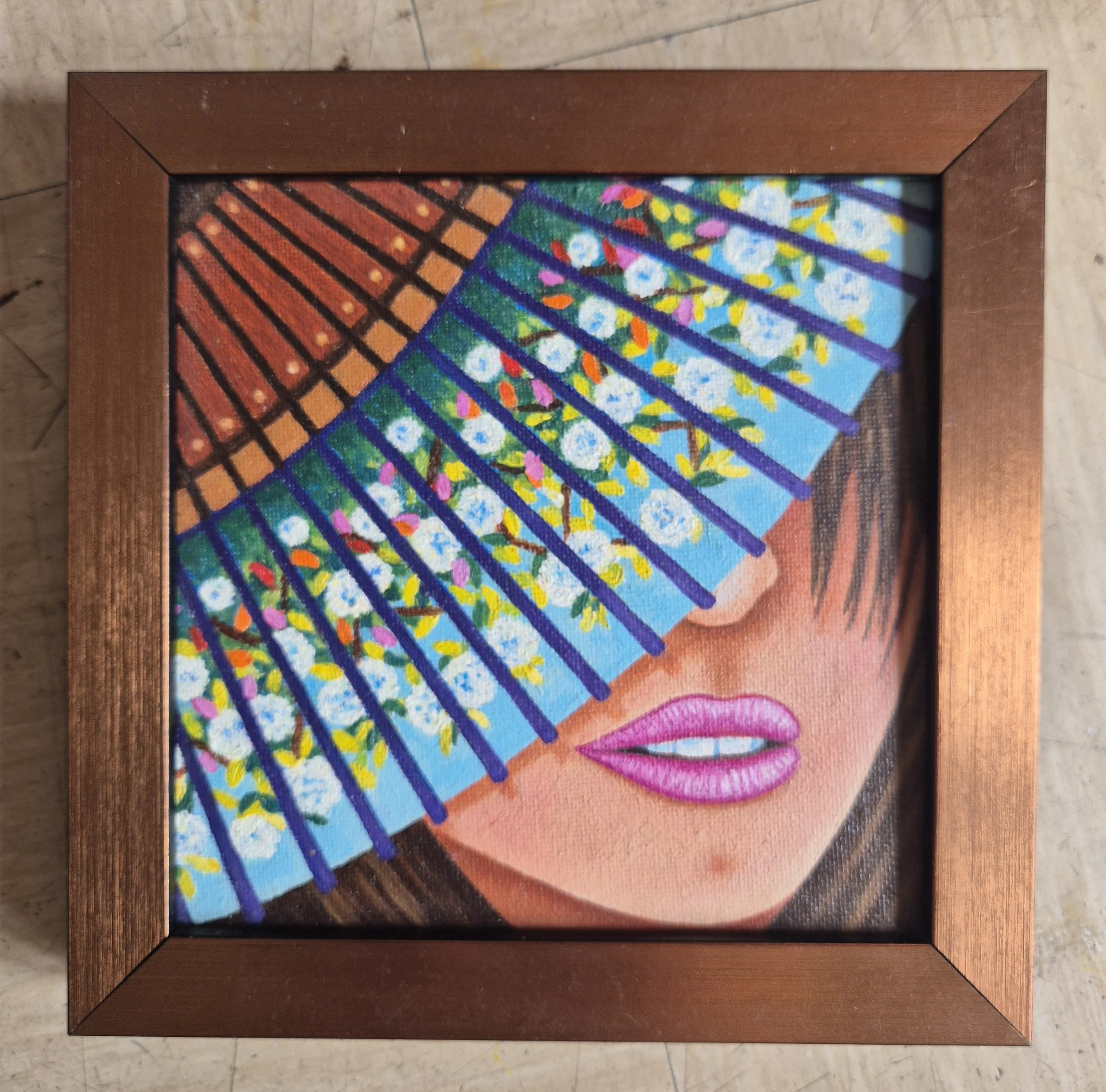Original midi Oil painting of a girl with a fan covering her face with pink lipstick lips visible