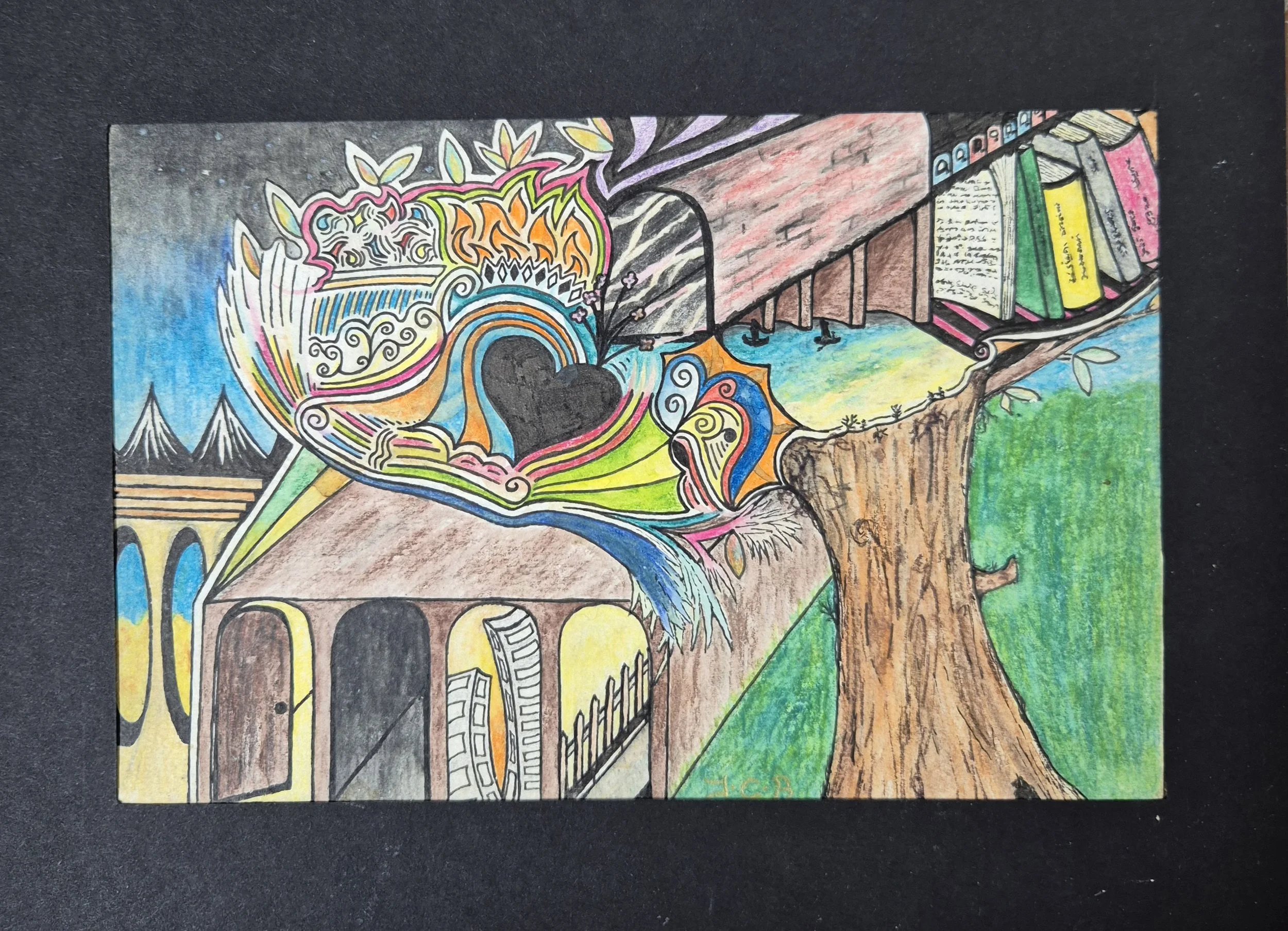 Tree of Forming Knowledge: A 1989 mixed media artwork by JC Barber. Early juvenilia featuring a surreal tree and landscape.