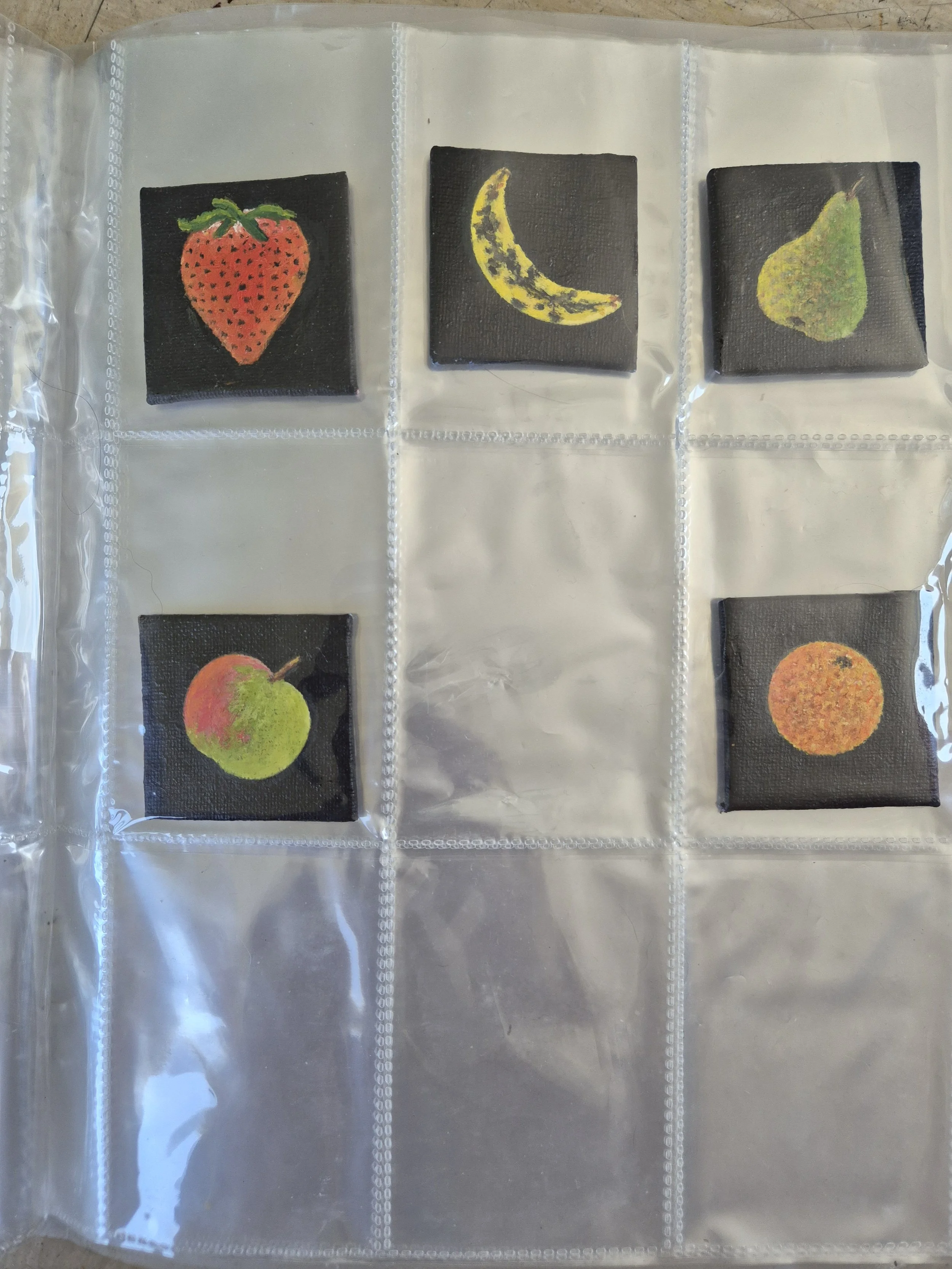 Collection of micro-miniature 5x5cm fruit oil paintings by JC Barber